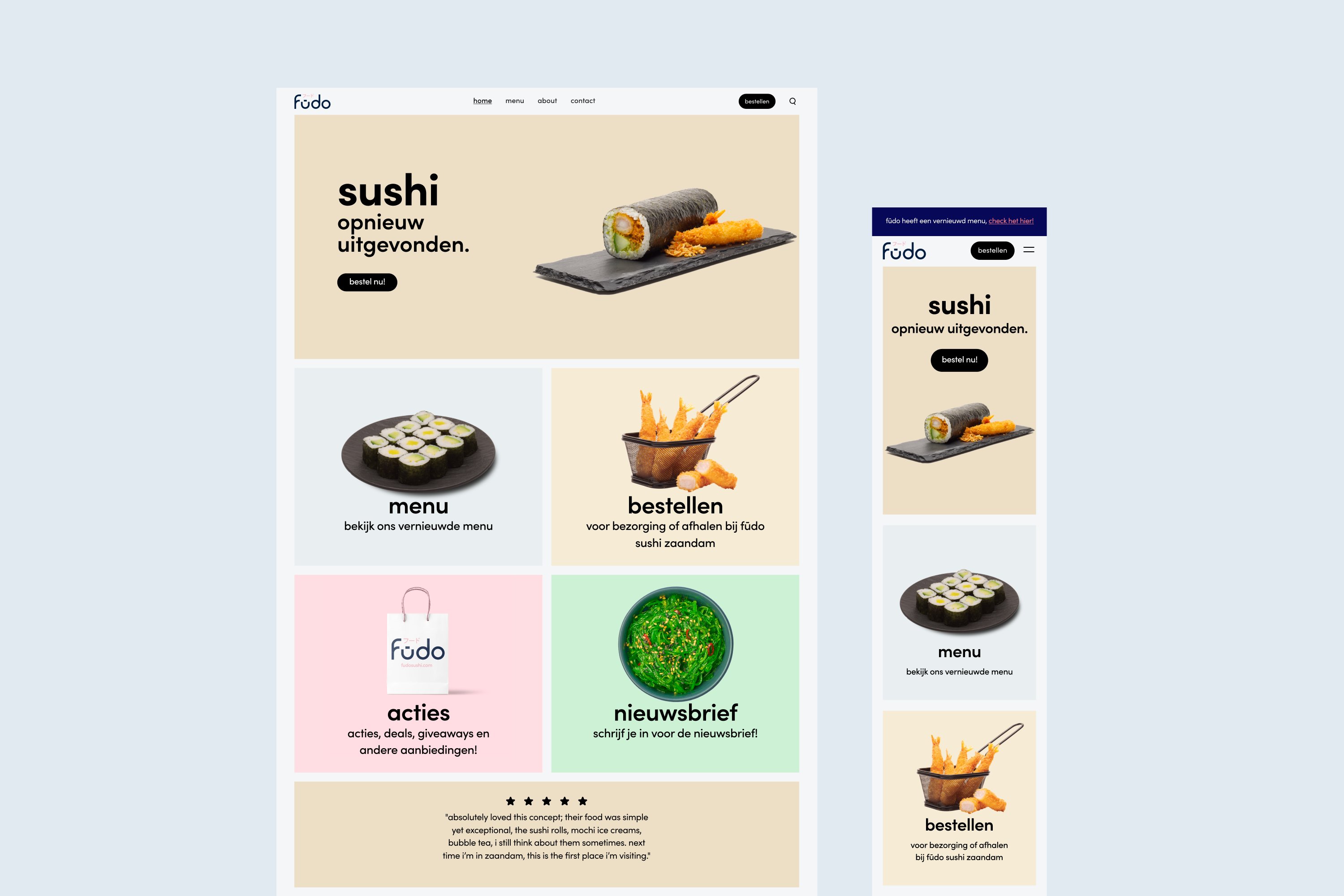 Fūdo Sushi website design showcasing the menu and brand story