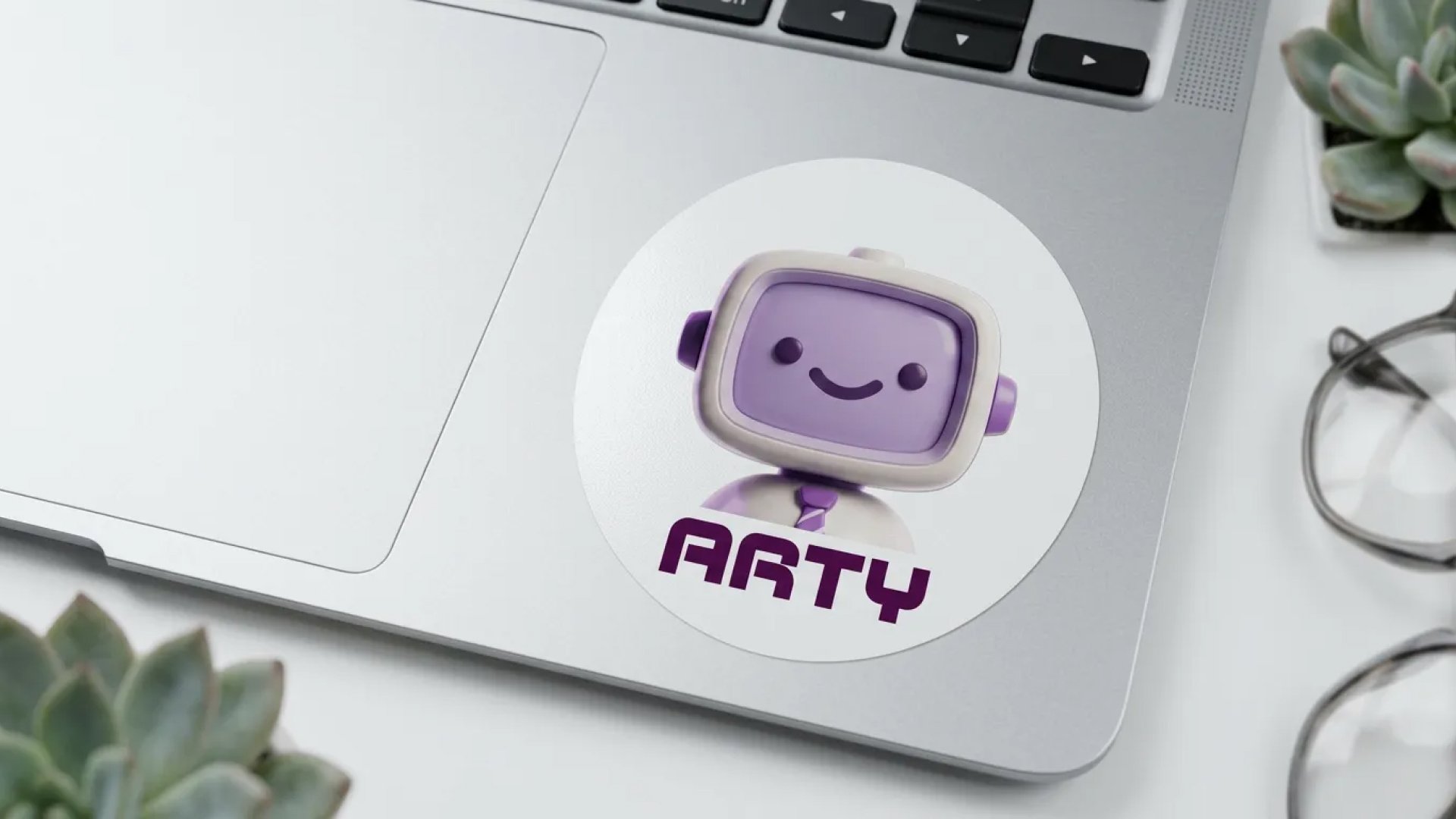 Arty mascot logo sticker applied to a laptop trackpad
