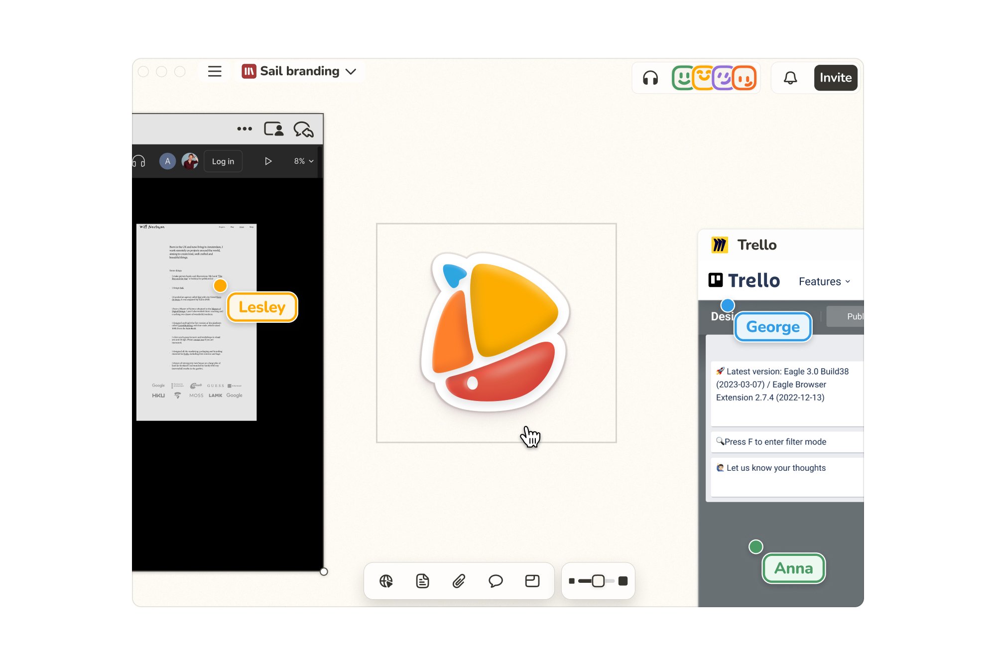 Sail branding board with the boat logo, a live website preview, and named collaborator cursors