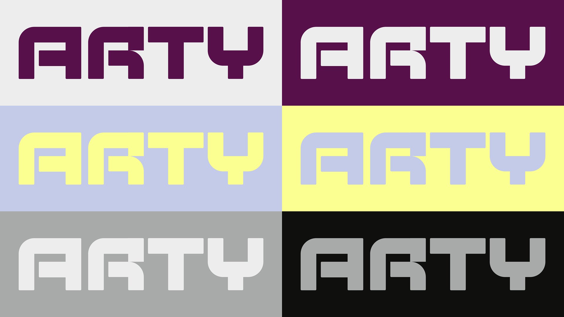Arty wordmark in six brand colour combinations
