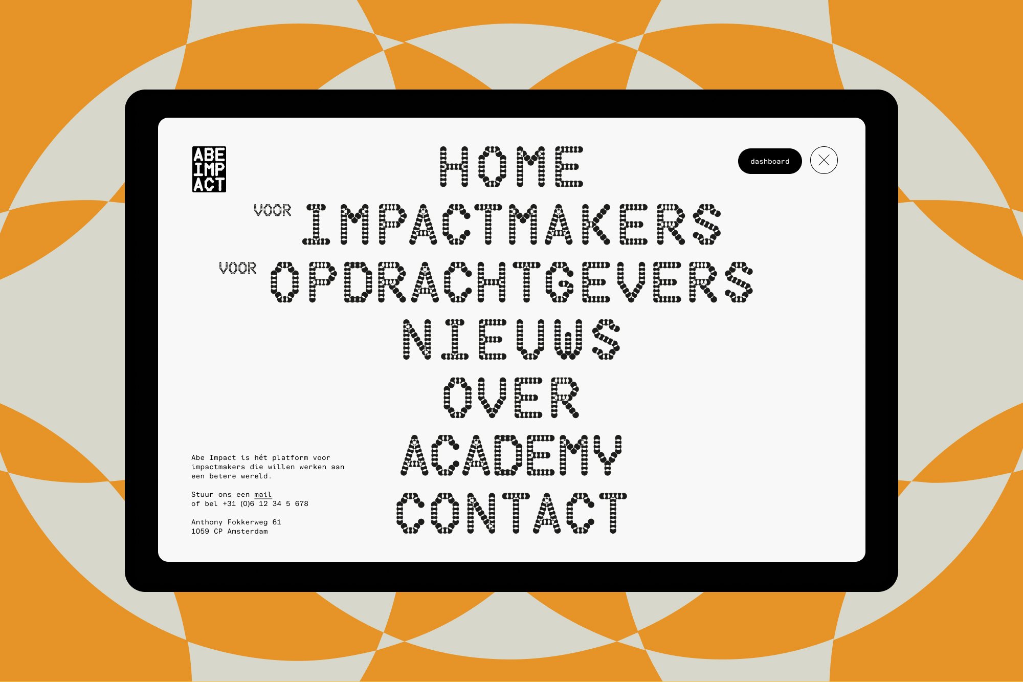 Abe Impact navigation menu on tablet over orange pattern