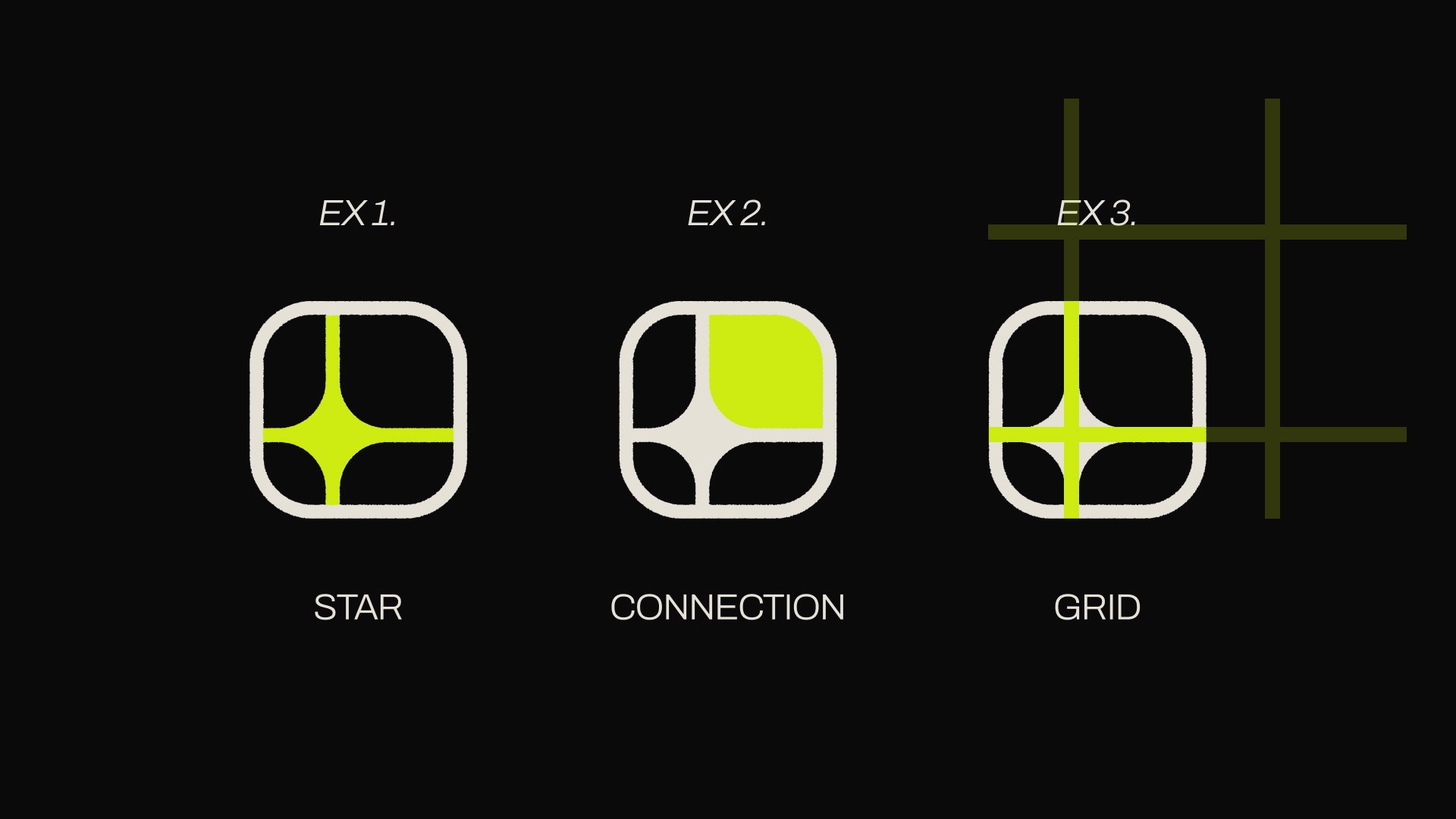 Symbol concepts labelled star, connection and grid