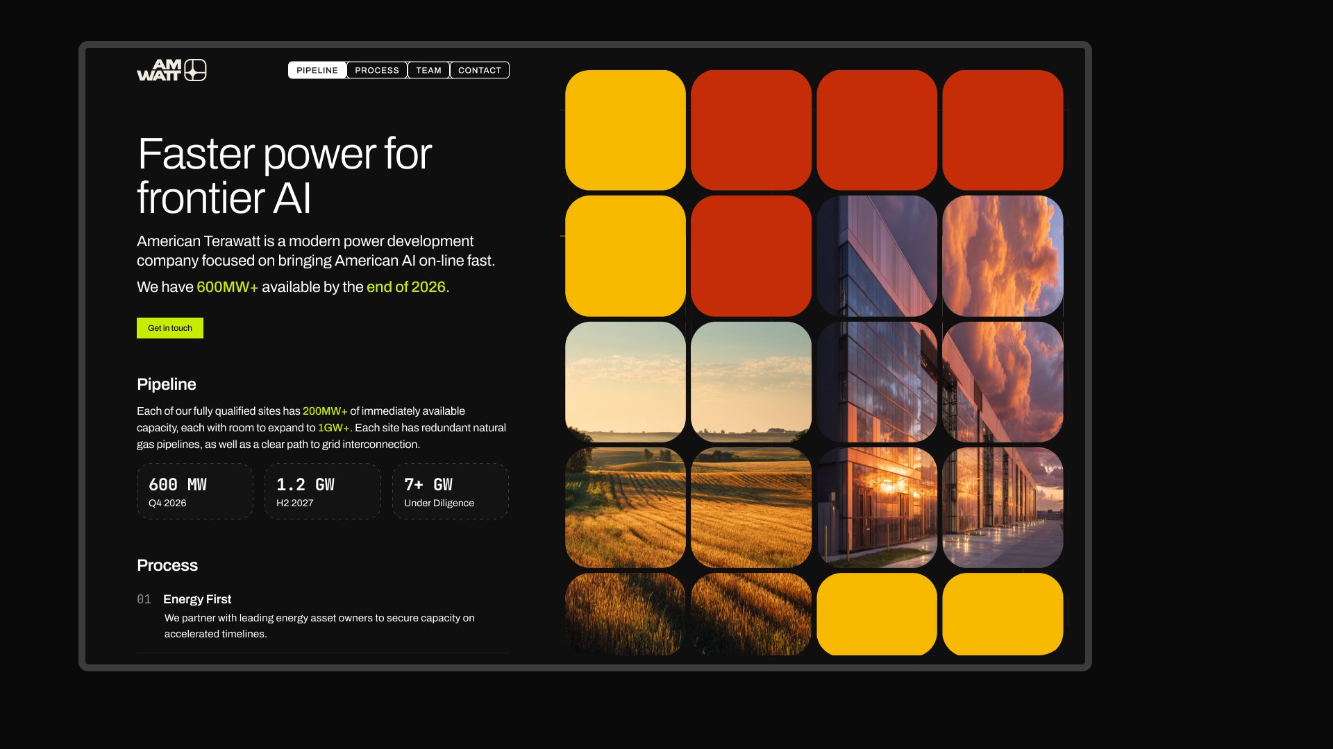 American Terawatt website with industrial photo grid