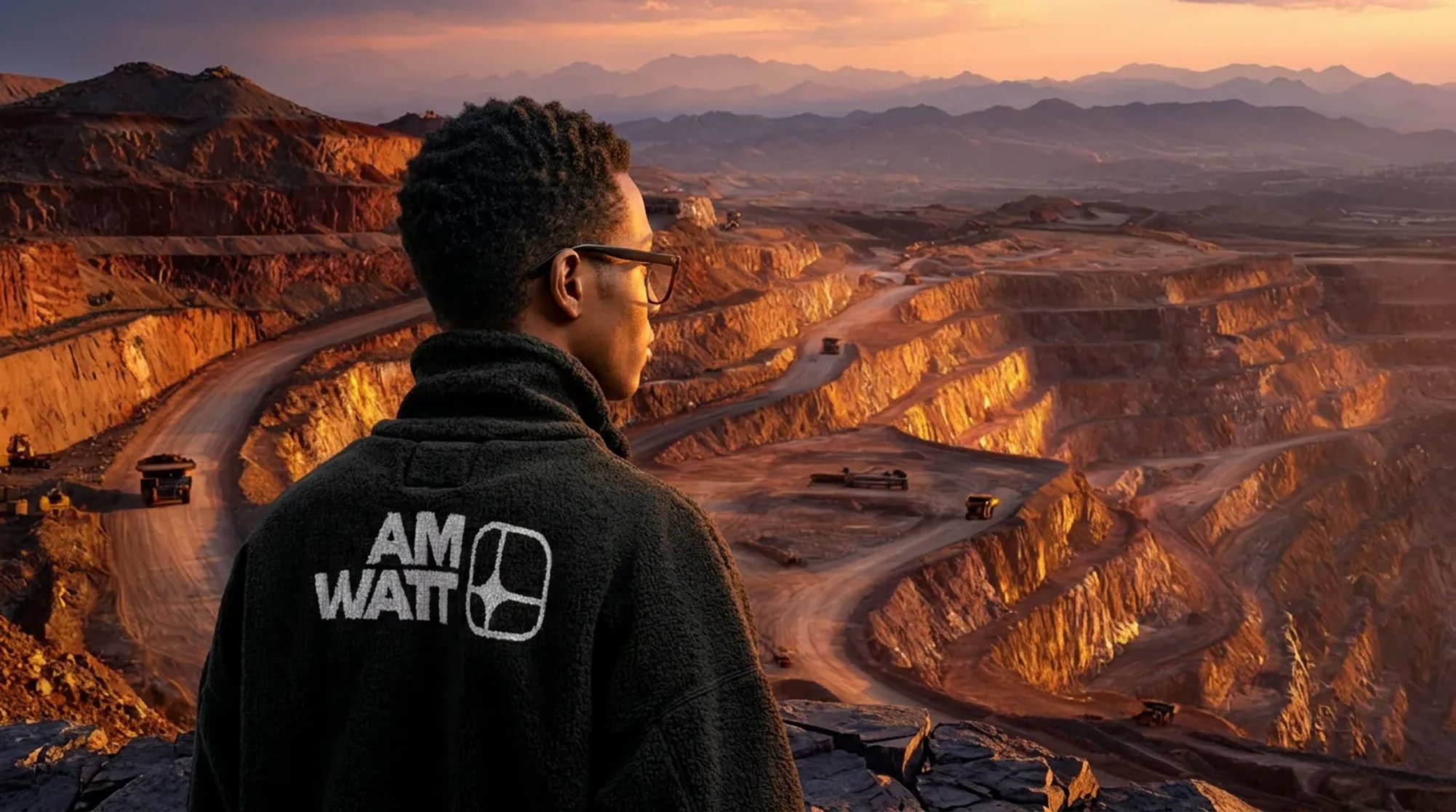 Person in AM Watt jacket overlooking an open-pit mine