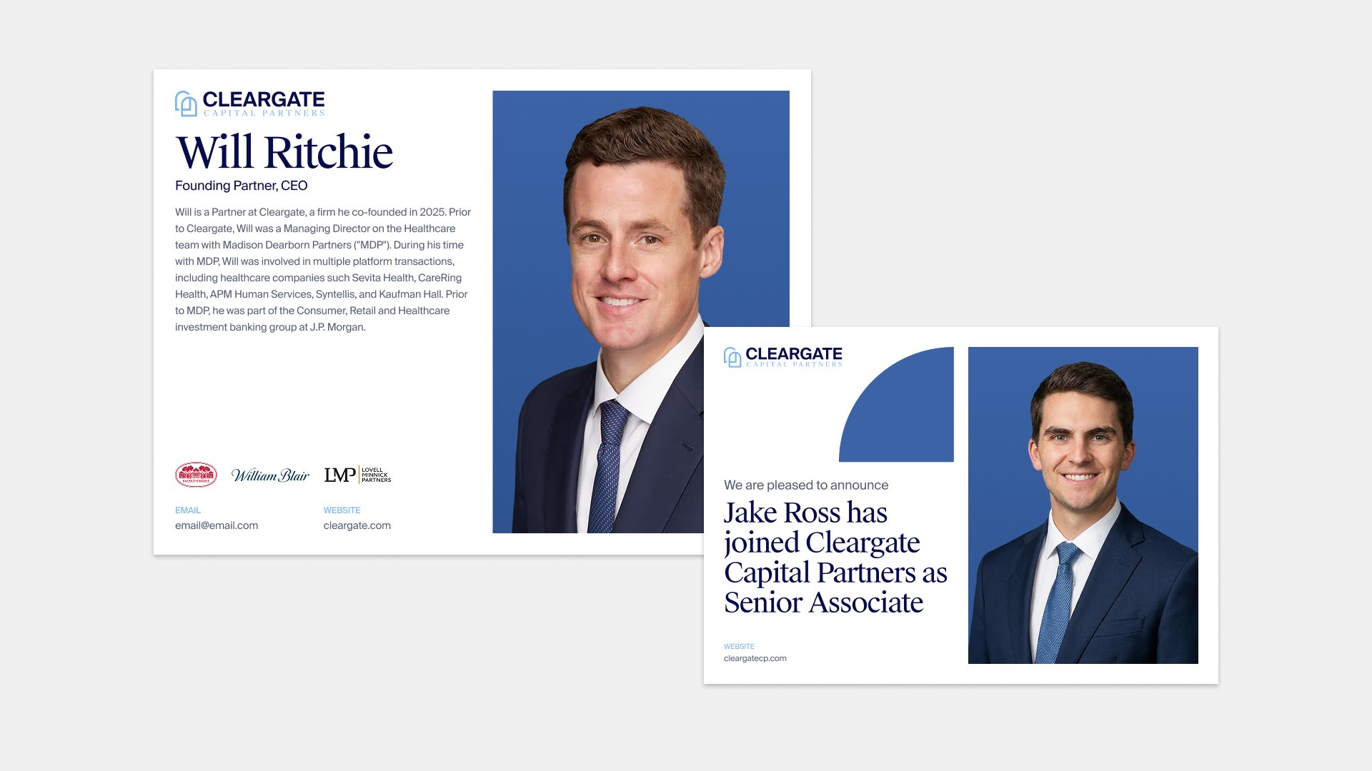Cleargate Capital Partners announcement cards — a Will Ritchie founding-partner bio beside a new-hire card introducing Jake Ross as Senior Associate, each pairing a navy headshot with the brand mark