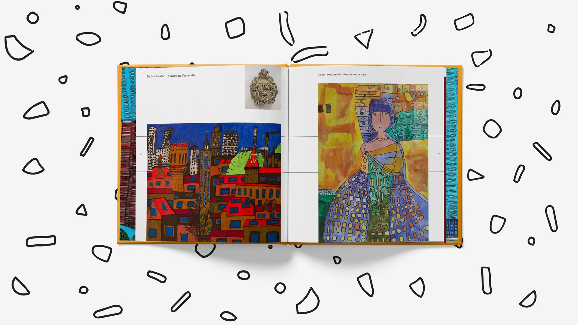 Open Bijzonder book spread showing colourful patient artworks