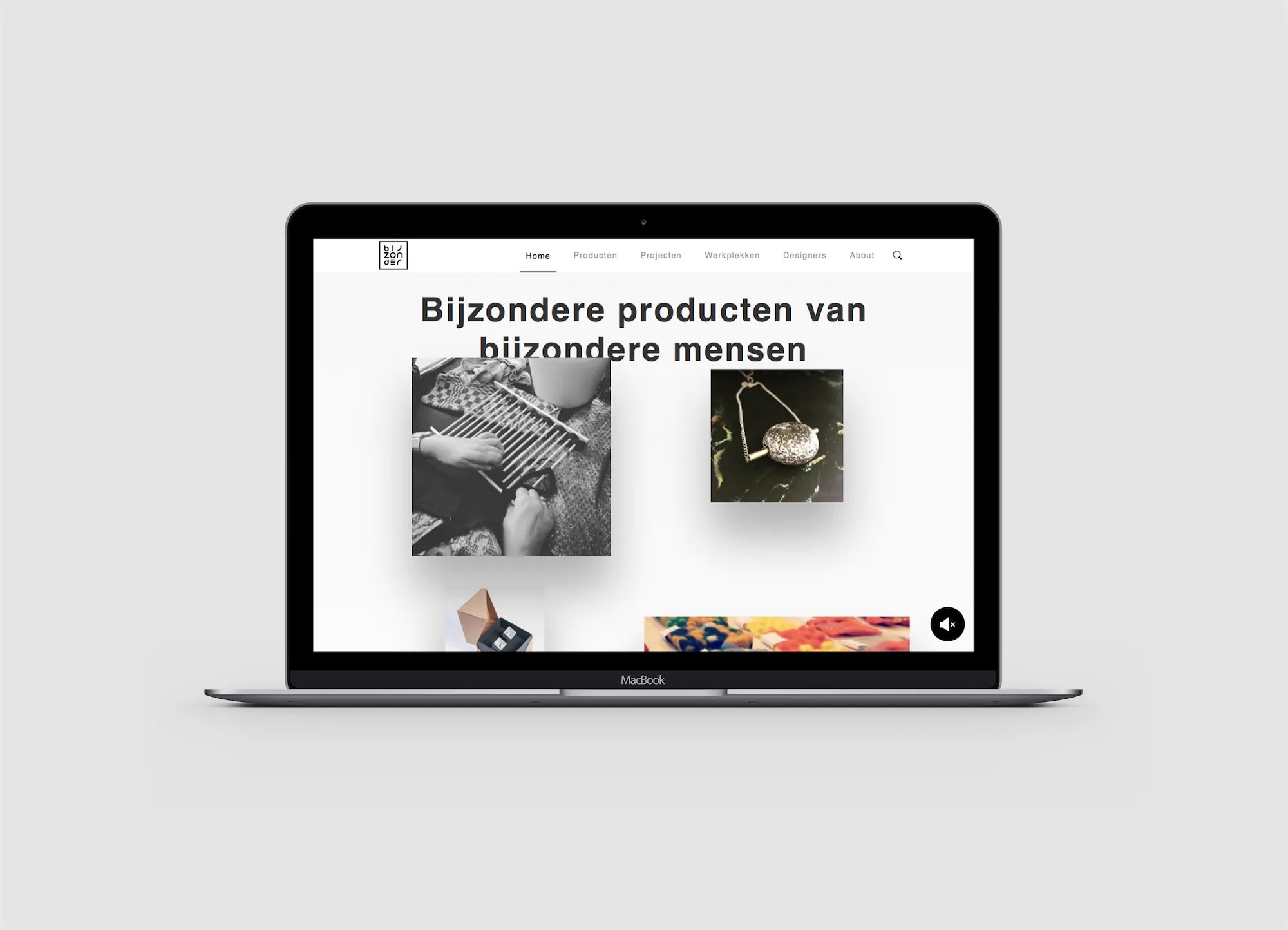 Bijzonder website homepage shown on a MacBook with product photos