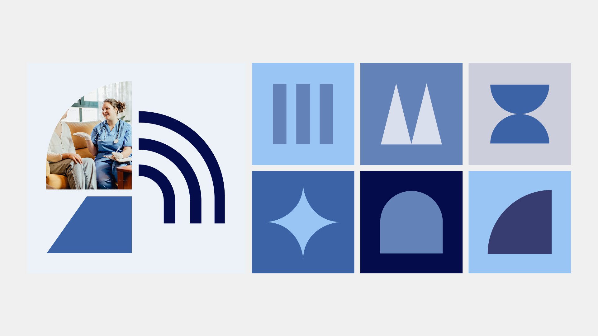 Cleargate brand system in application — a healthcare photo, radiating arcs and coloured shape tiles