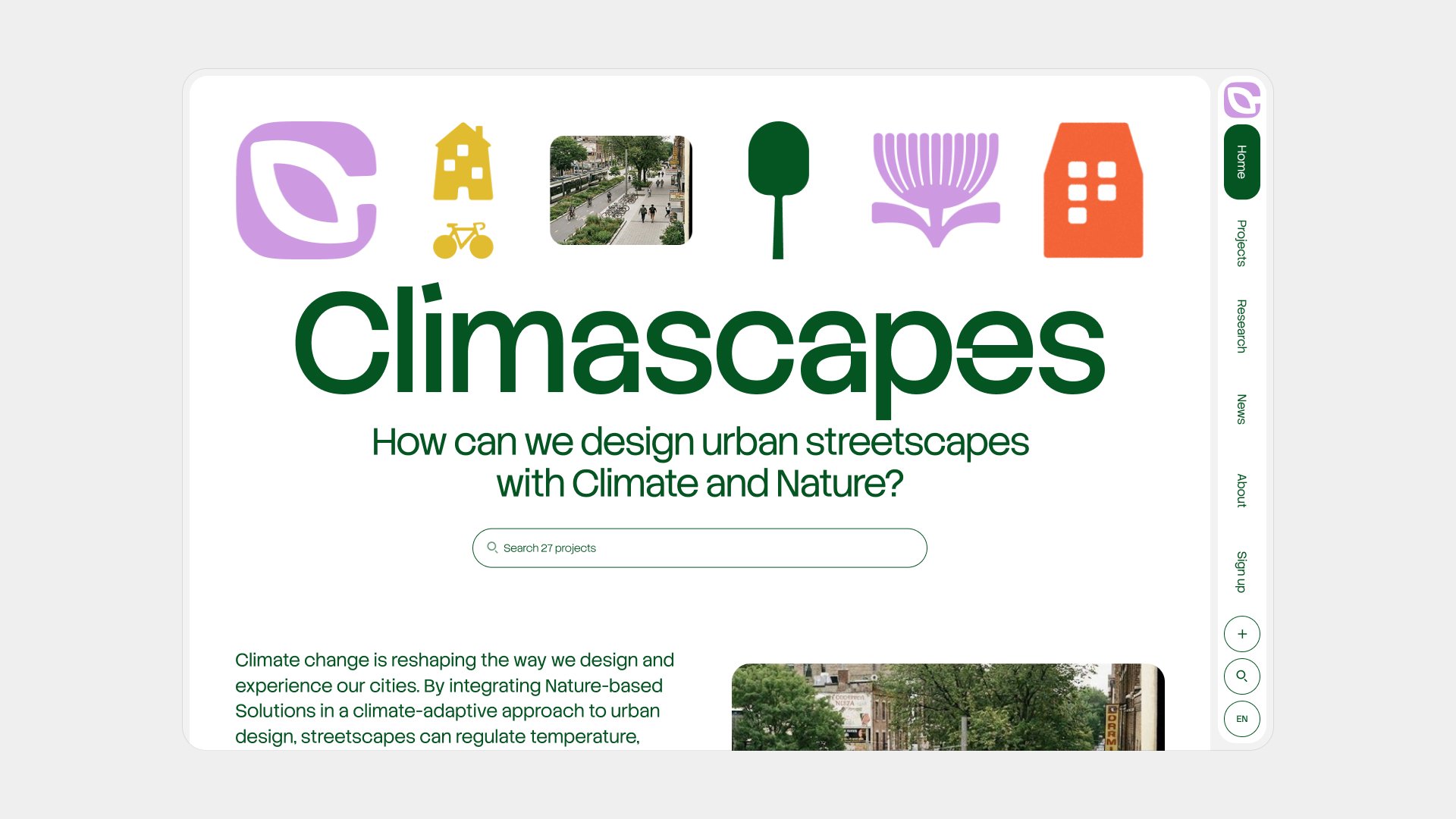 Climascapes homepage with illustrated icon banner and search