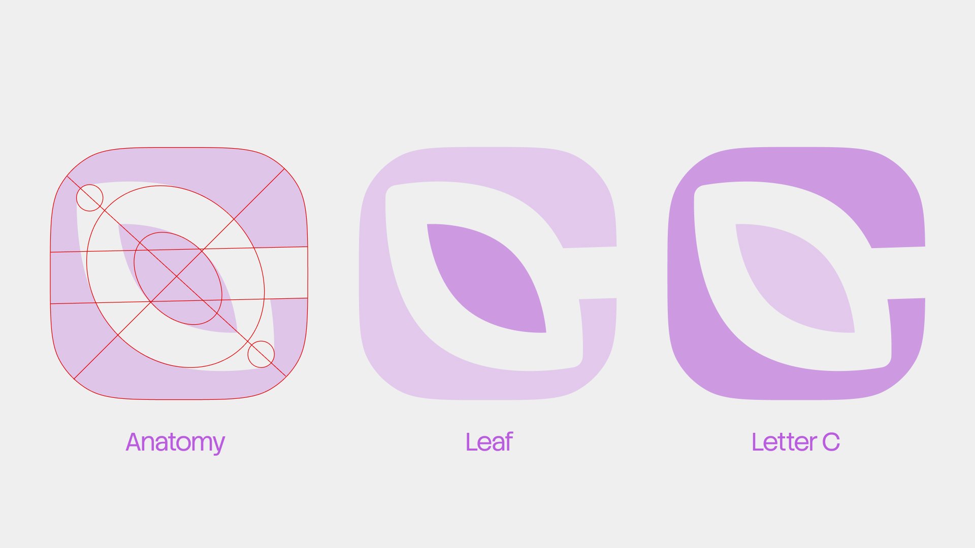 Climascapes logomark anatomy showing leaf and letter C in purple