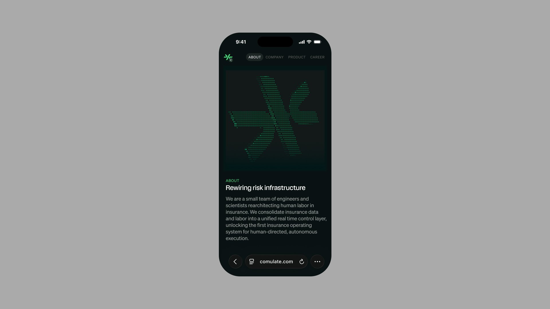 Comulate About page on mobile with green particle mark