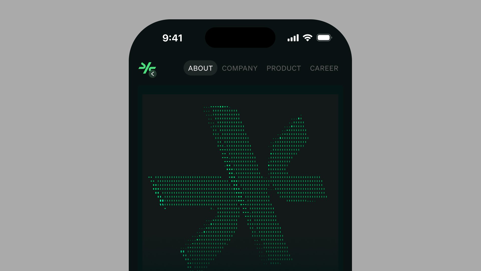 Close-up of Comulate mobile header and animated asterisk mark