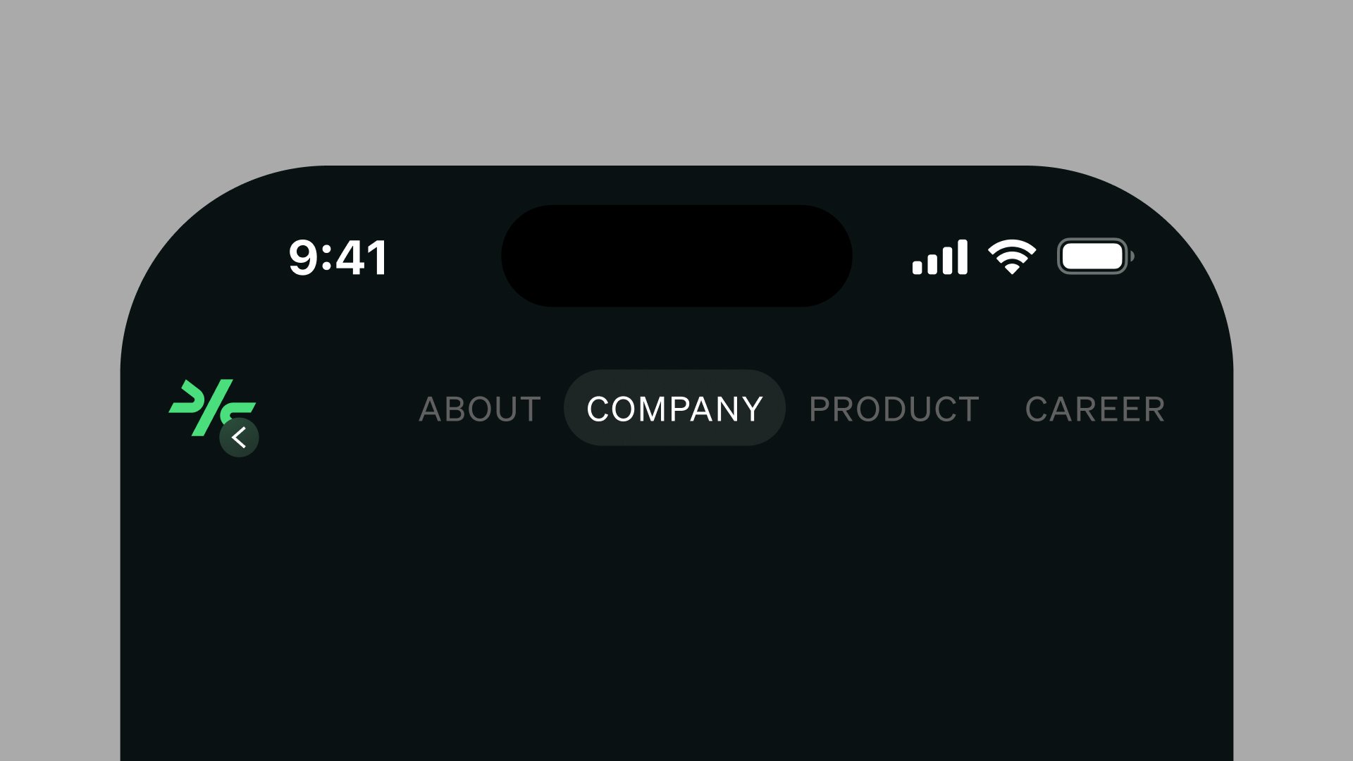 Close-up of Comulate mobile nav with Company tab active