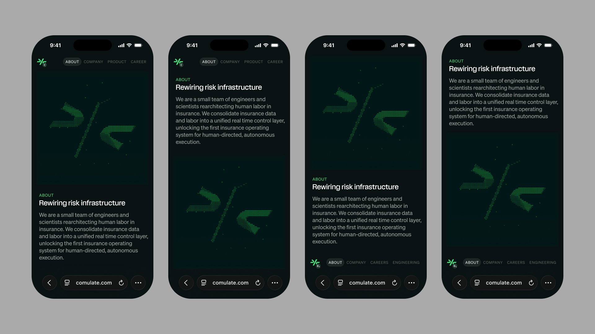 Comulate About page on four phone screens with green logo mark