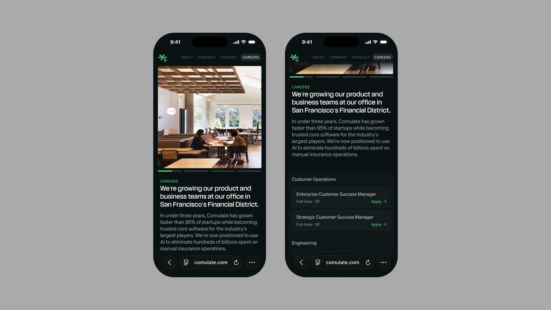 Comulate Careers page on two mobile screens with office photo and listings
