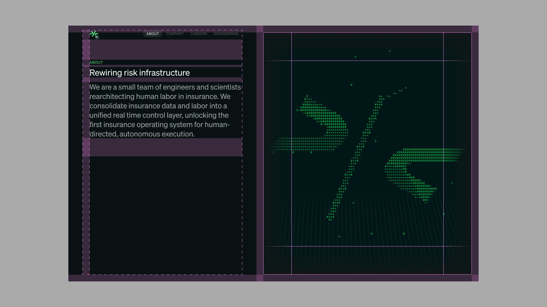 Comulate About page layout grid overlay with green logo mark