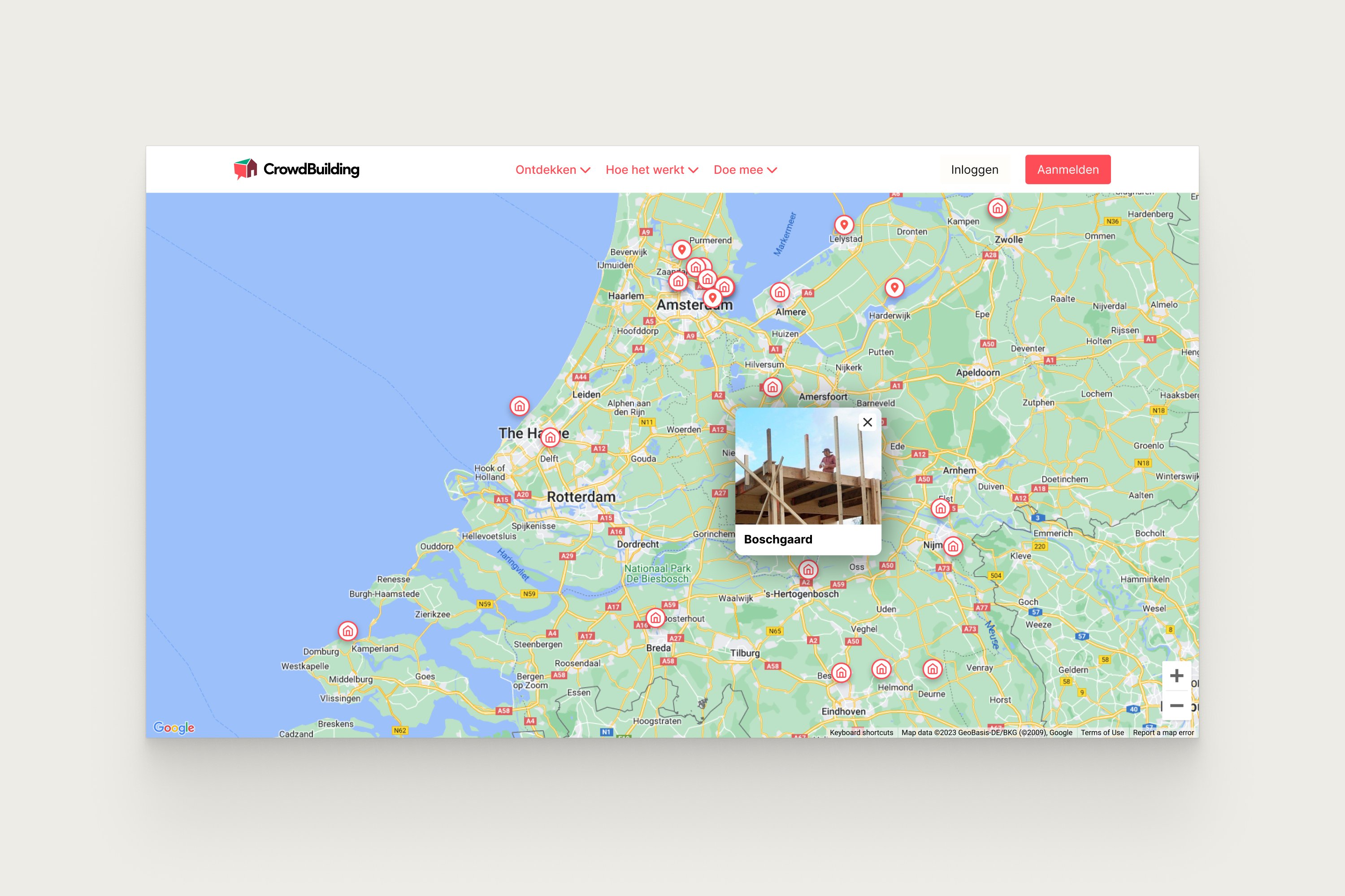CrowdBuilding project map of the Netherlands with location pins