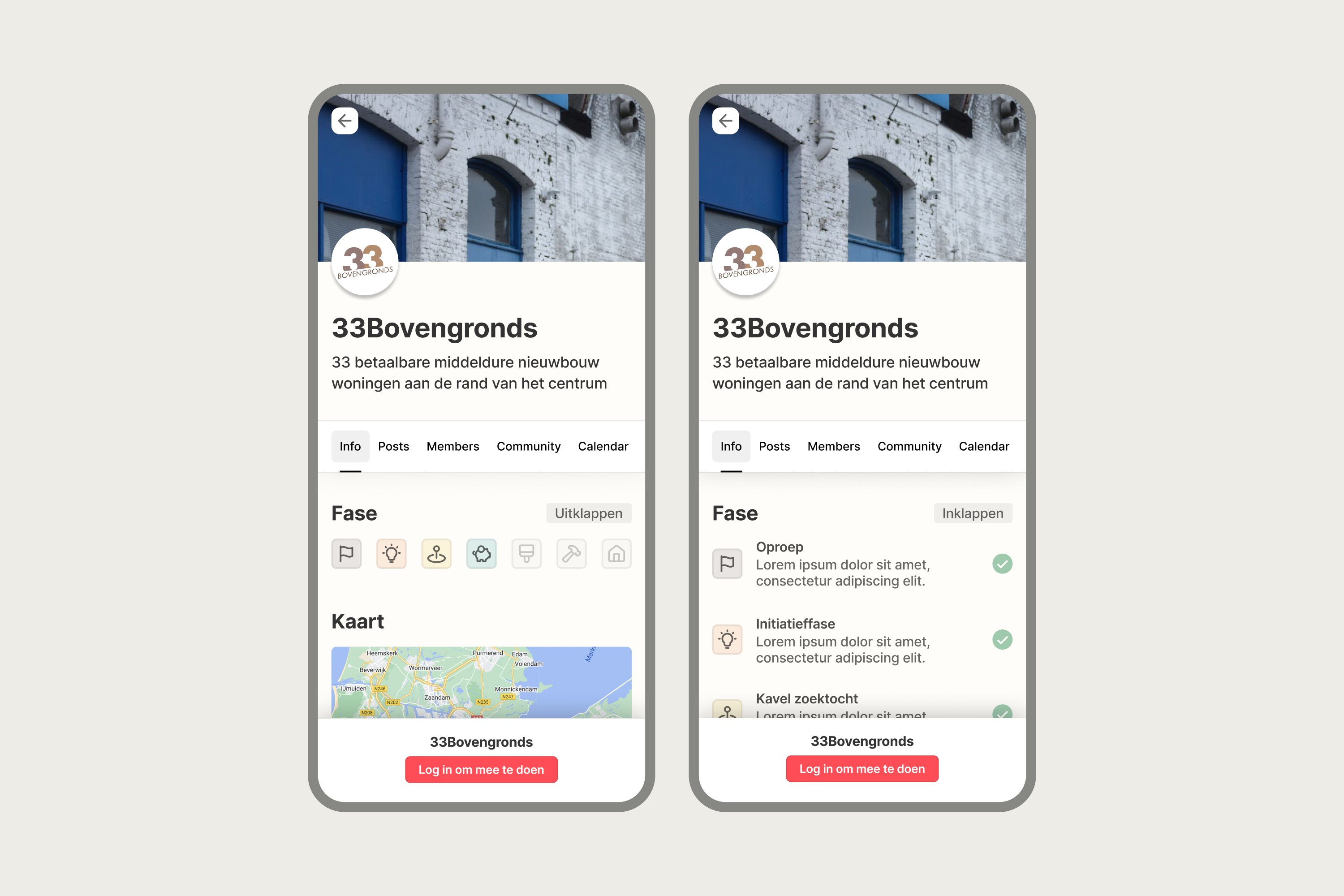 Two phone screens showing a 33Bovengronds project profile