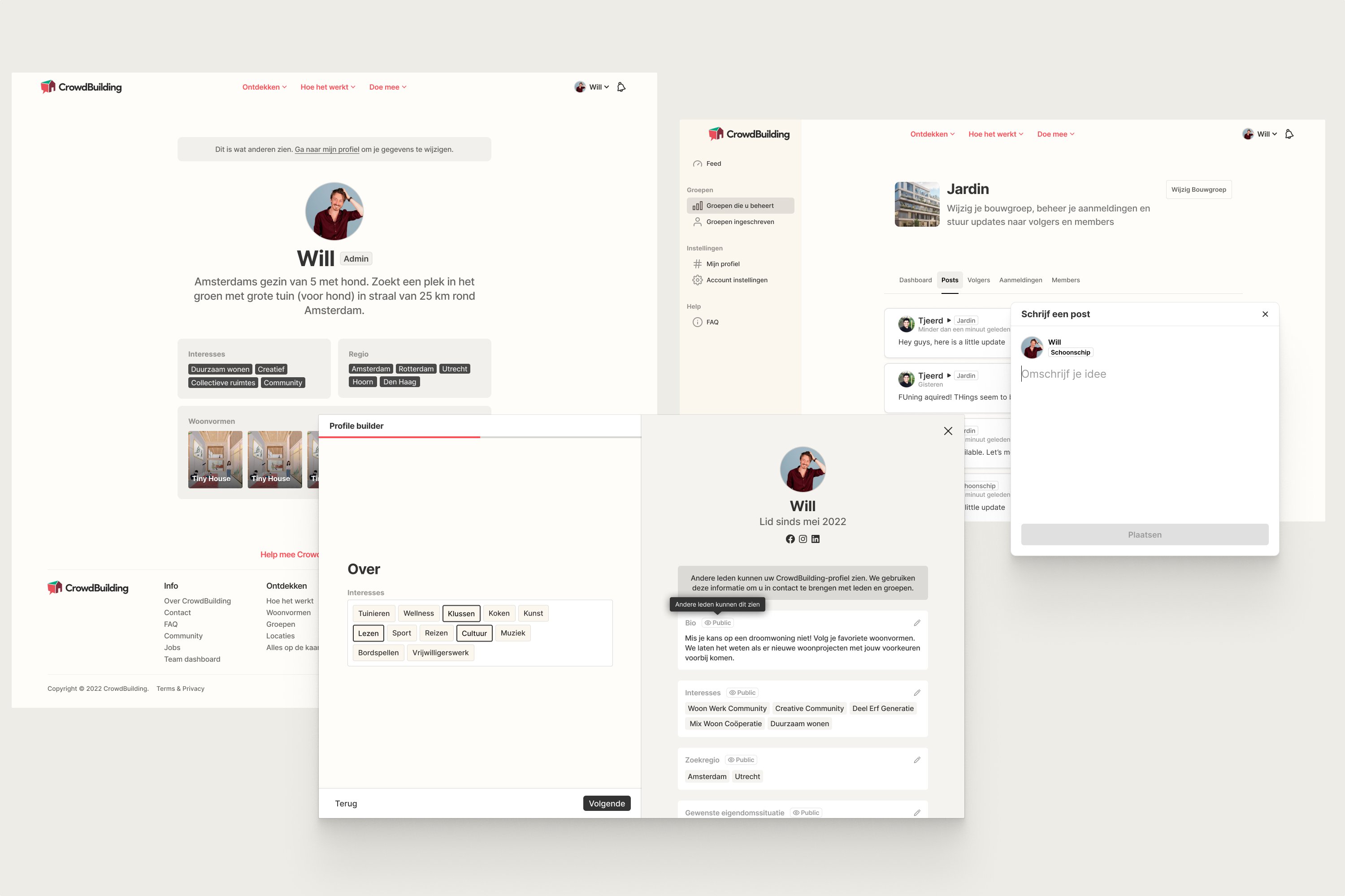 CrowdBuilding member profile and group dashboard screens