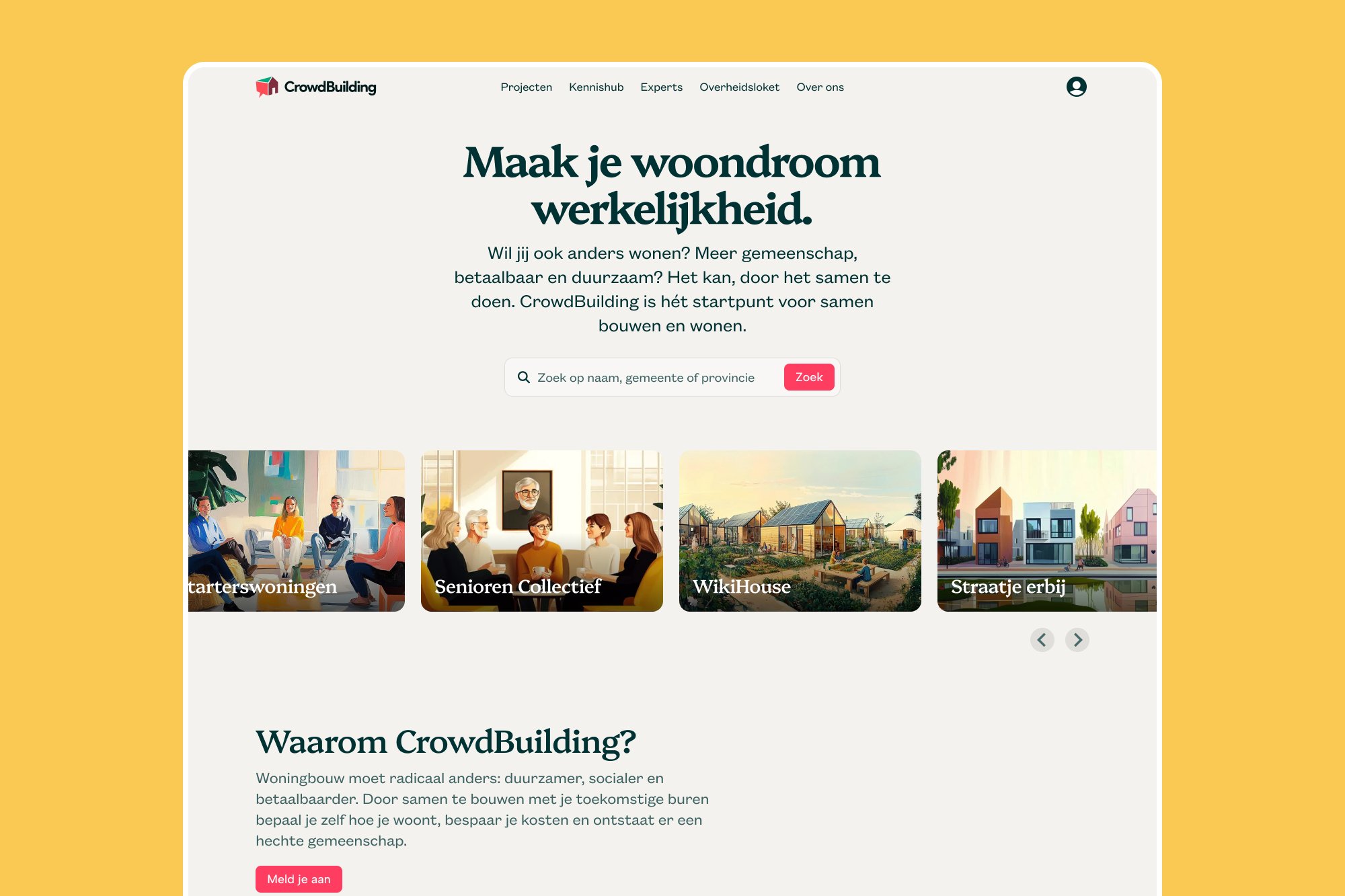 CrowdBuilding homepage with project cards and search bar
