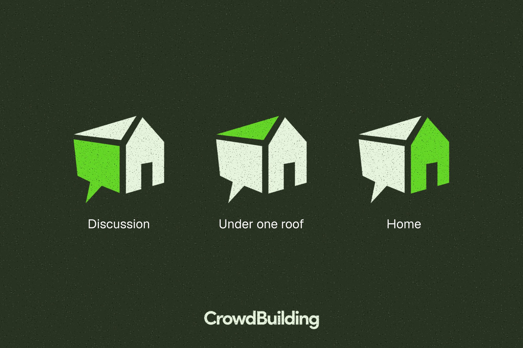 Three speech-bubble house logo concepts on dark green