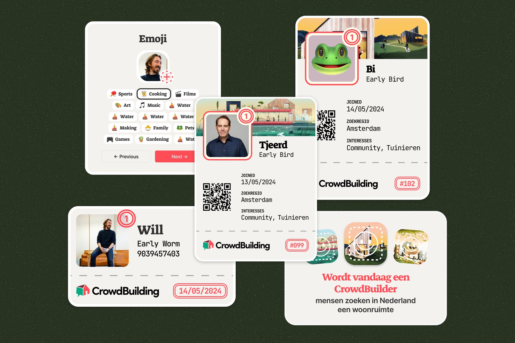 CrowdBuilding membership cards with avatars and emoji picker