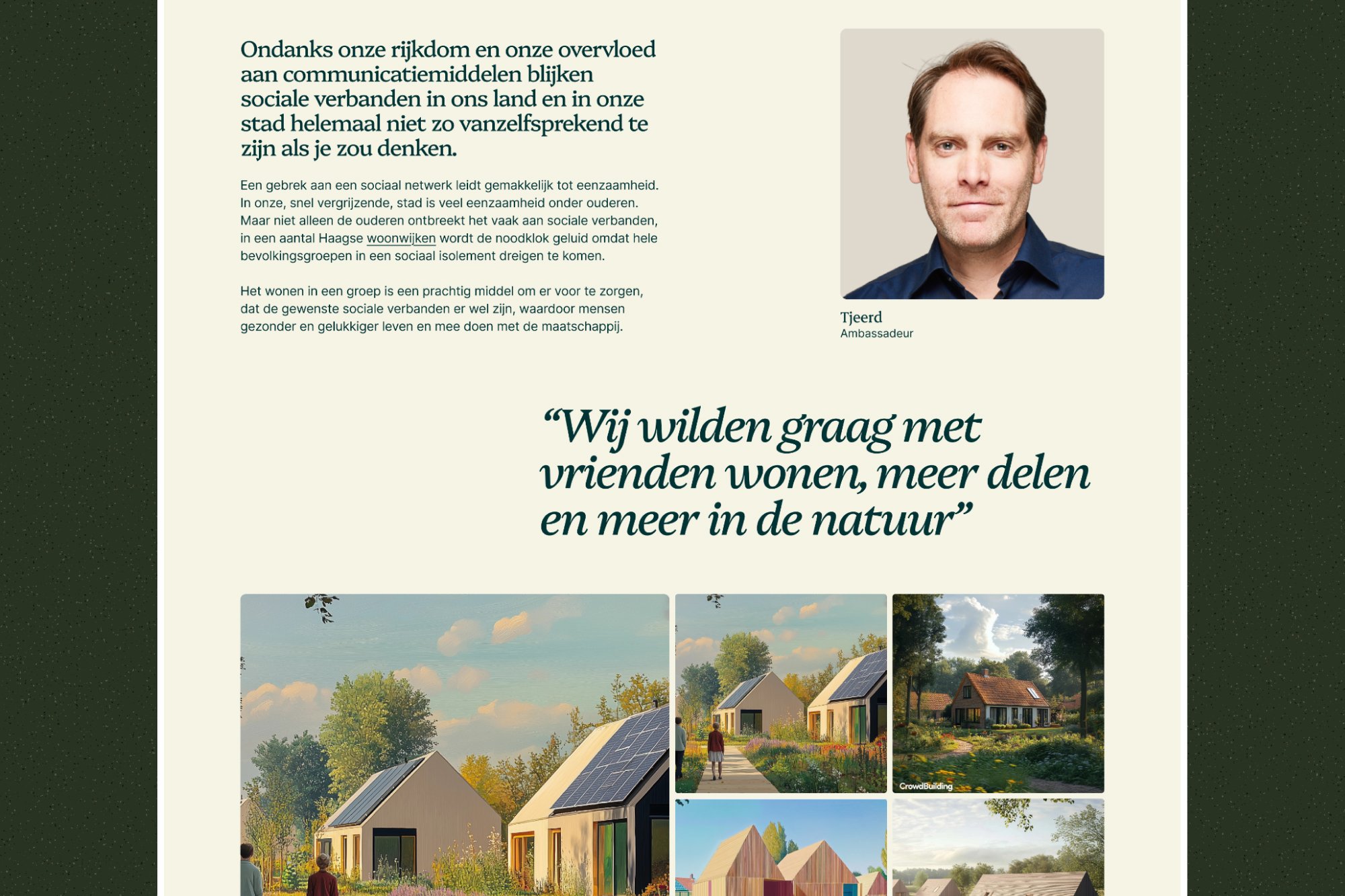 Editorial spread with portrait, quote and housing renders