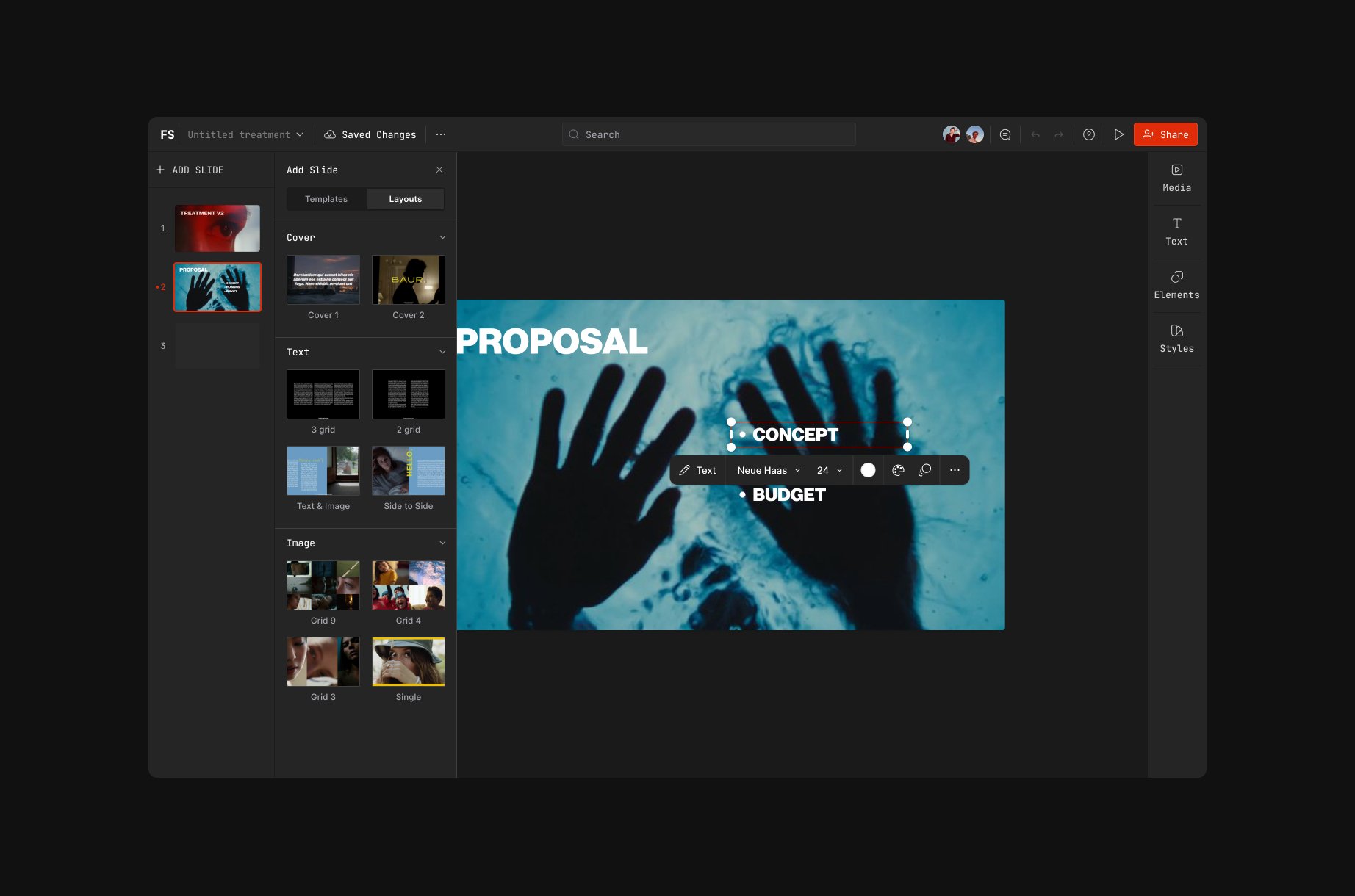 Frameset editor showing a proposal slide with layout panel
