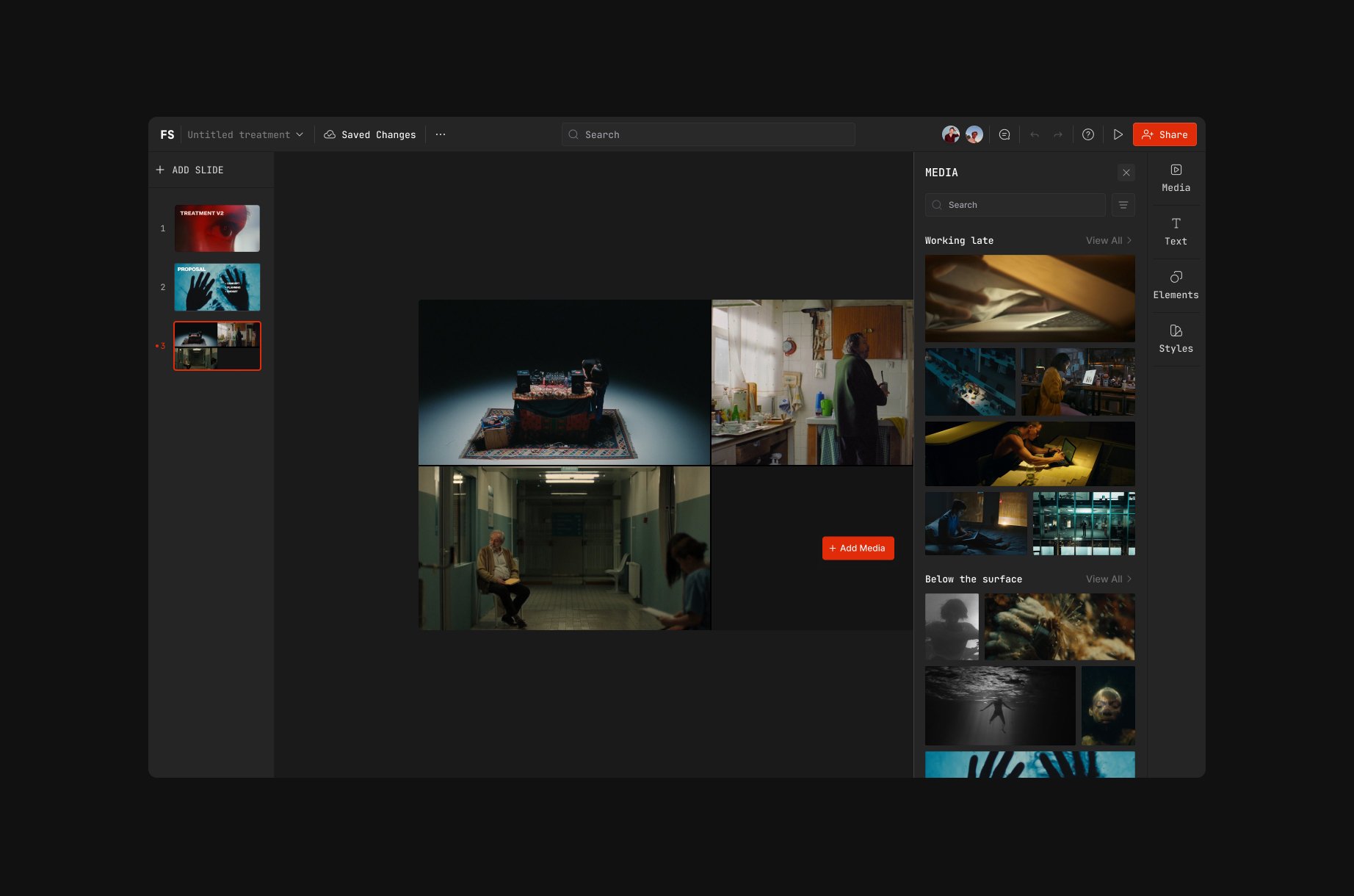 Frameset editor with media library panel of film stills