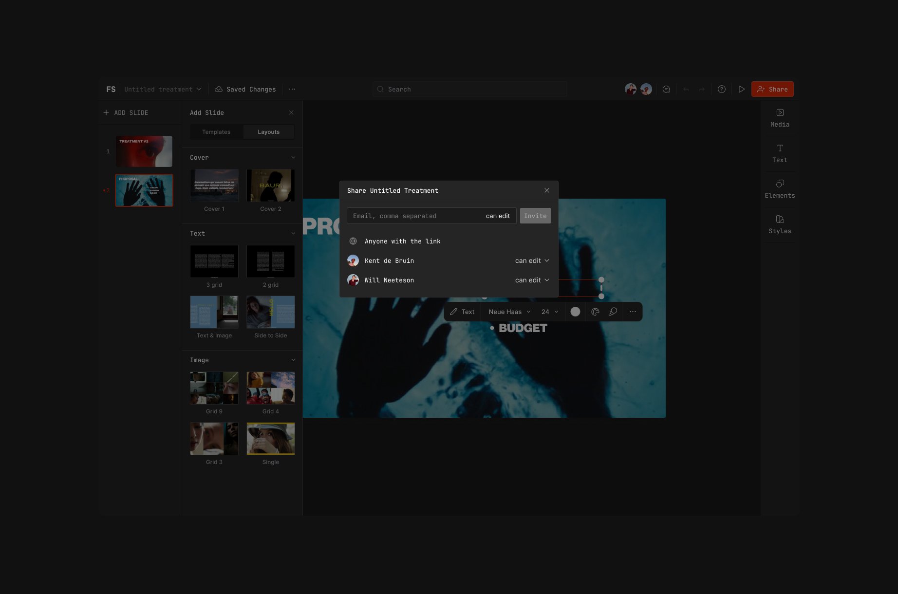 Frameset editor with share treatment dialog and collaborators