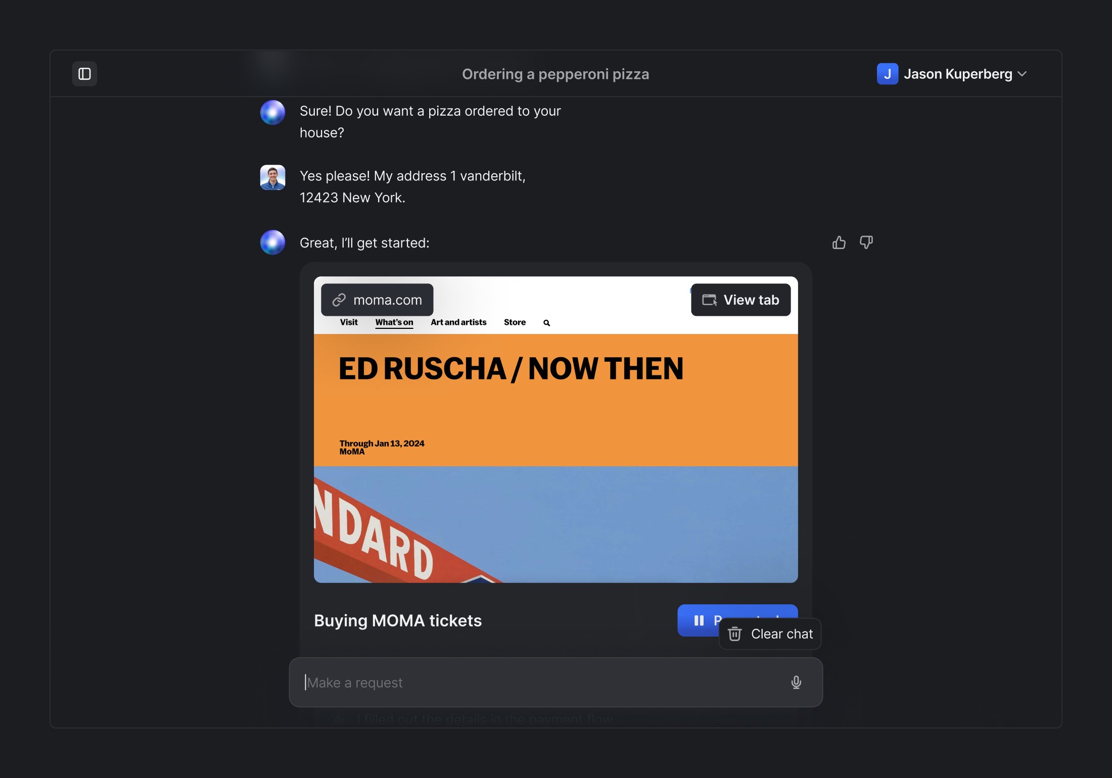 HyperWrite chat interface assisting with a task and embedded web preview