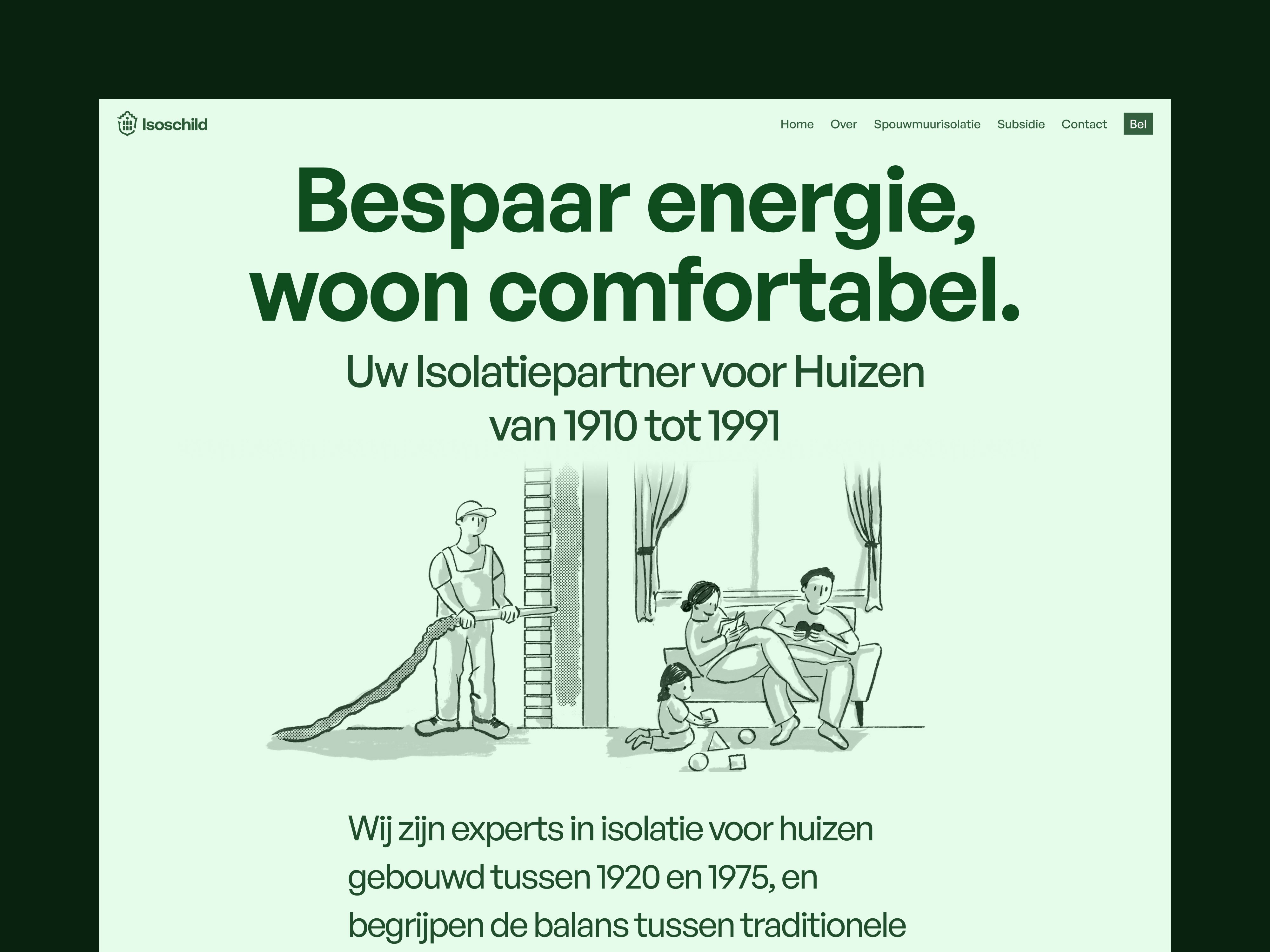 Isoschild homepage hero with insulation illustration of a family at home