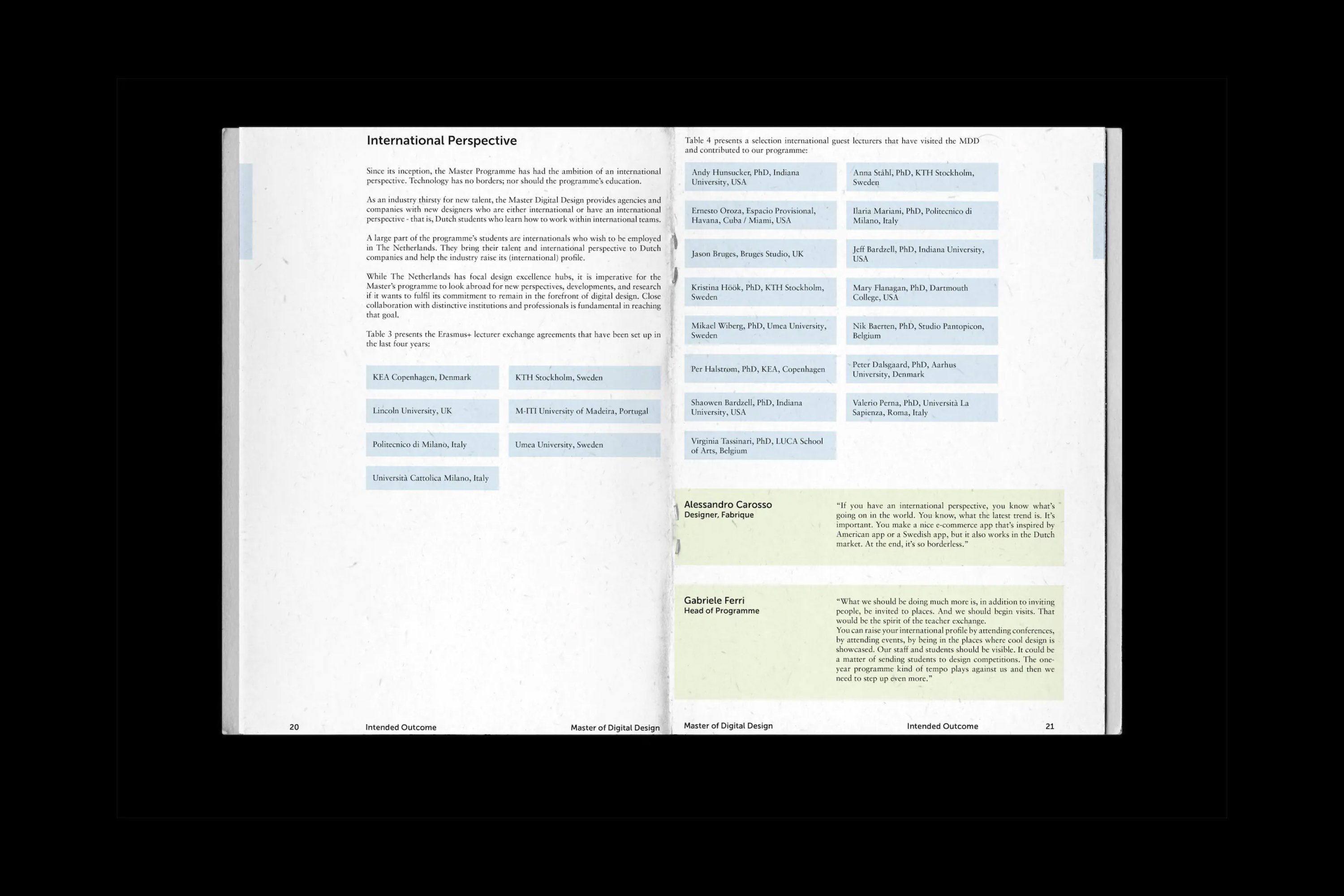 MDD book spread on International Perspective with lecturer tables