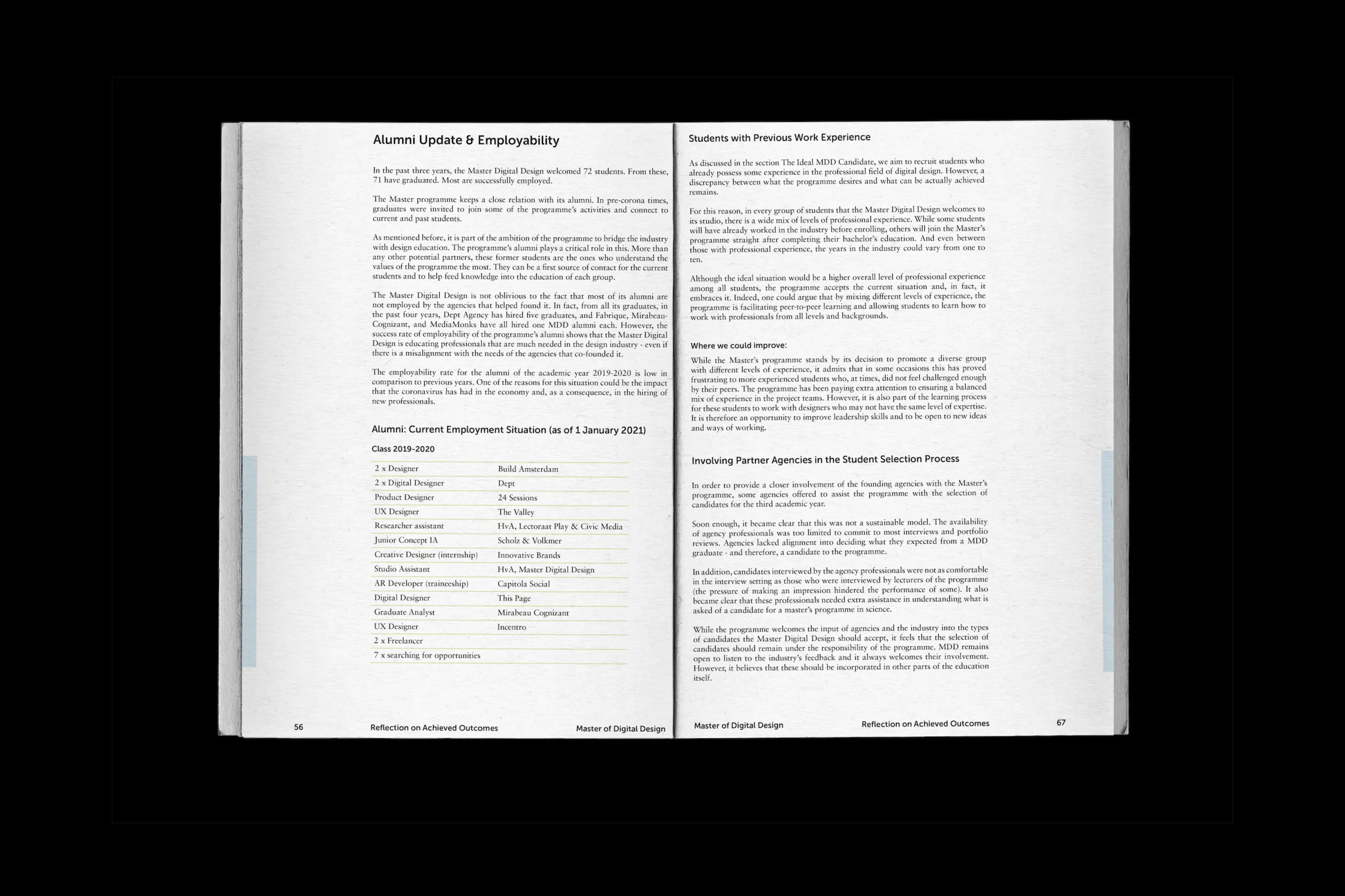 MDD book spread on alumni employability and partner agencies