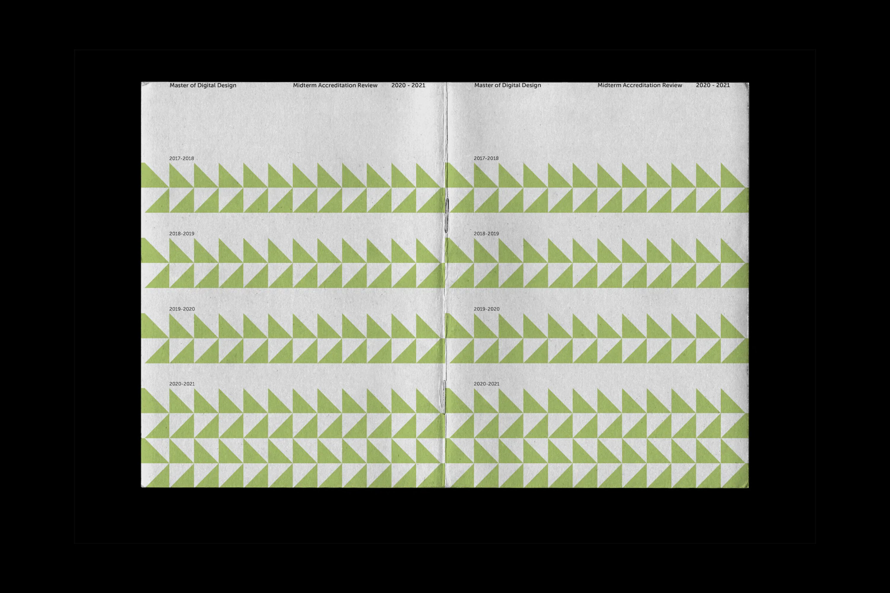 MDD book spread with green triangular pattern by year