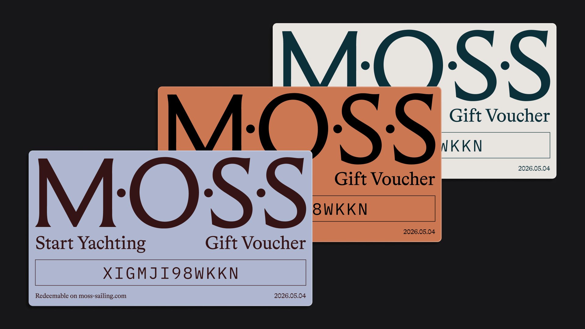 Three MOSS gift voucher cards in pale blue, terracotta and cream with redemption codes