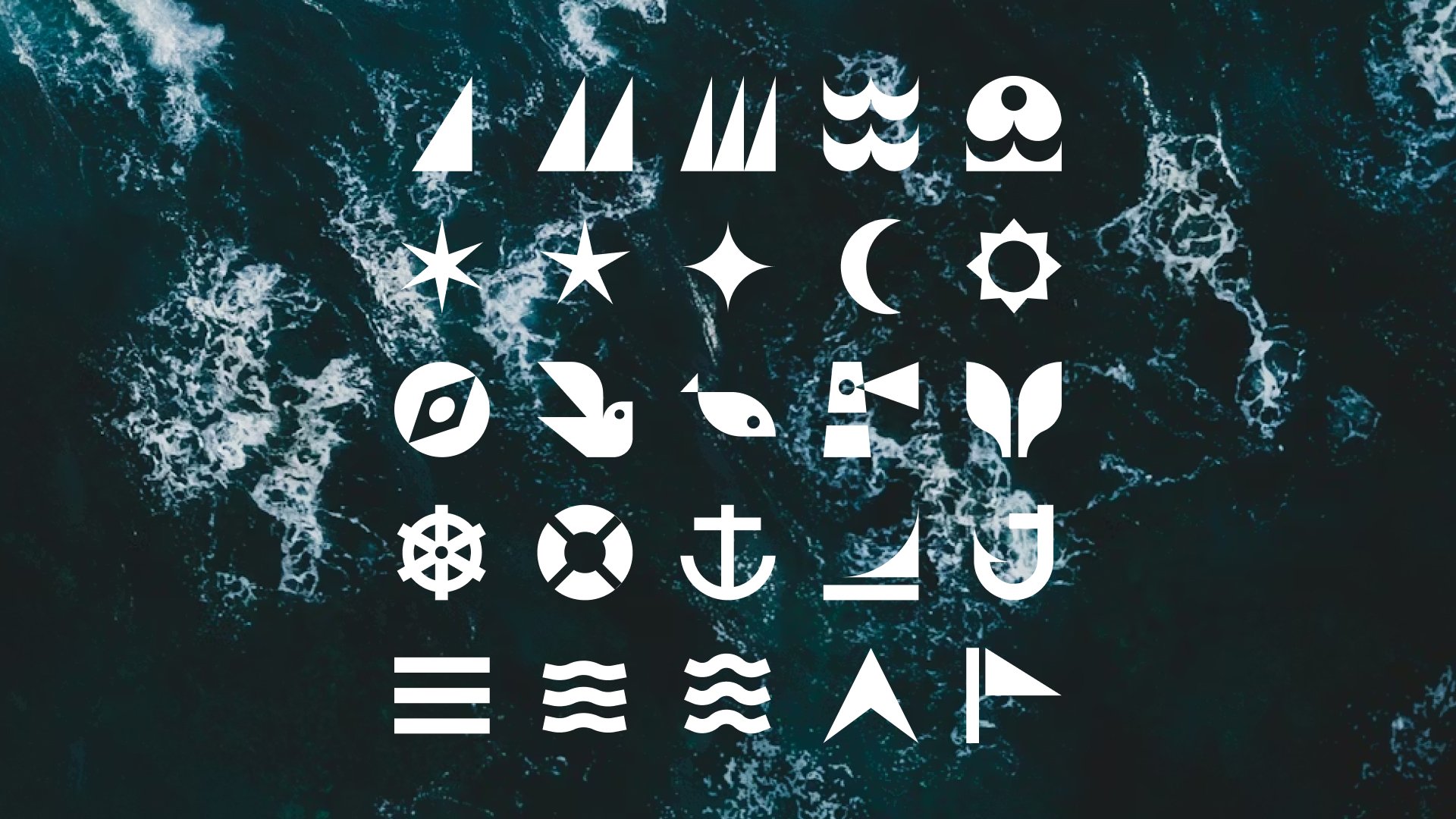 Custom MOSS nautical icon set in white over a dark sea texture