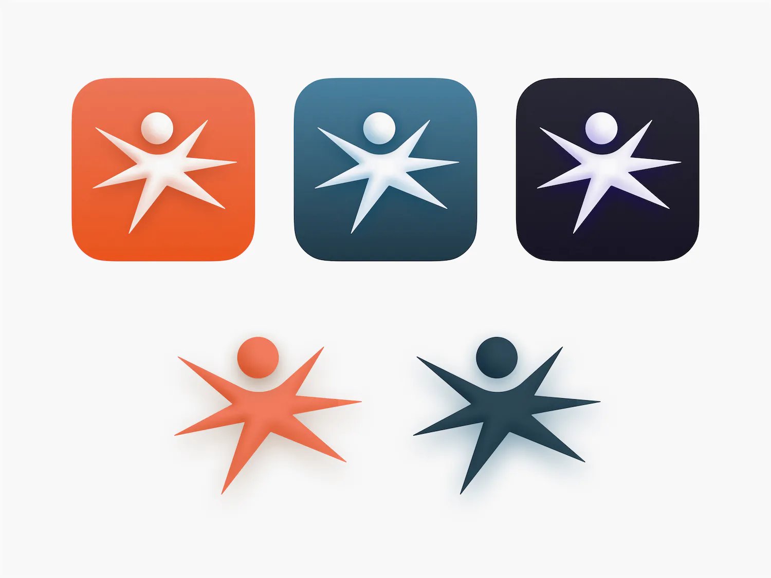 Muddy starburst app icon shown in orange, blue, and dark colour variants
