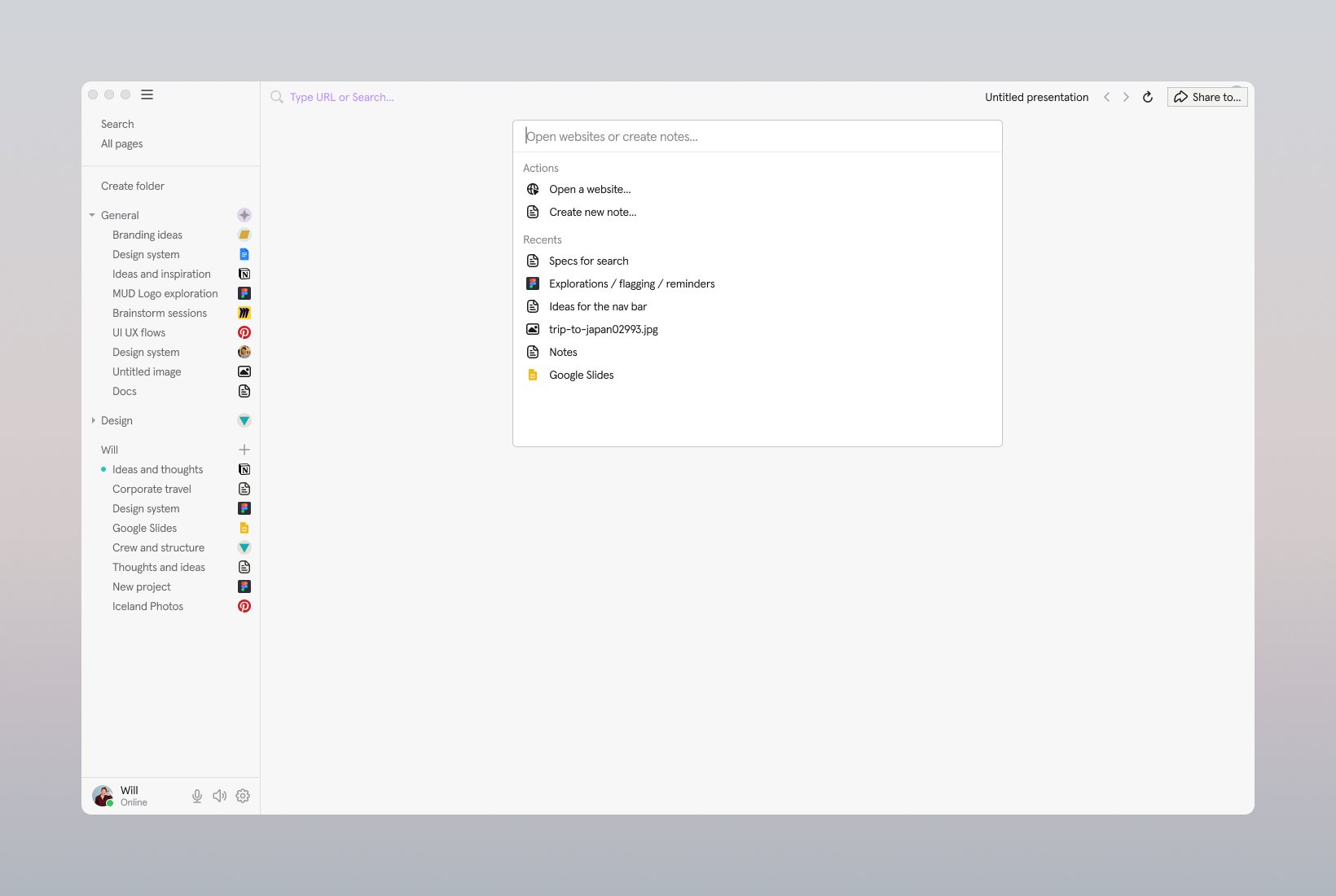 Muddy desktop app with sidebar of pages and a command bar for opening sites or notes