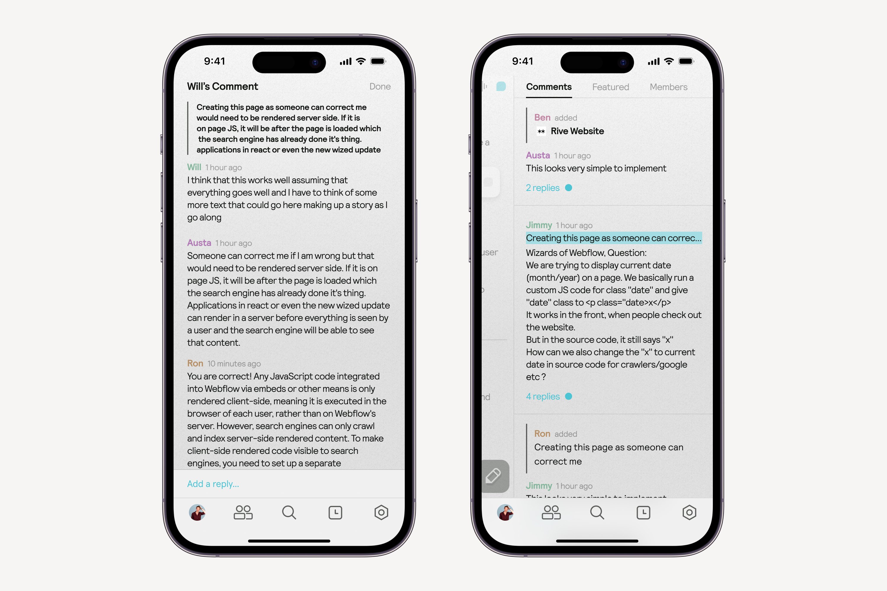 Two Muddy mobile screens showing threaded comments on a web page