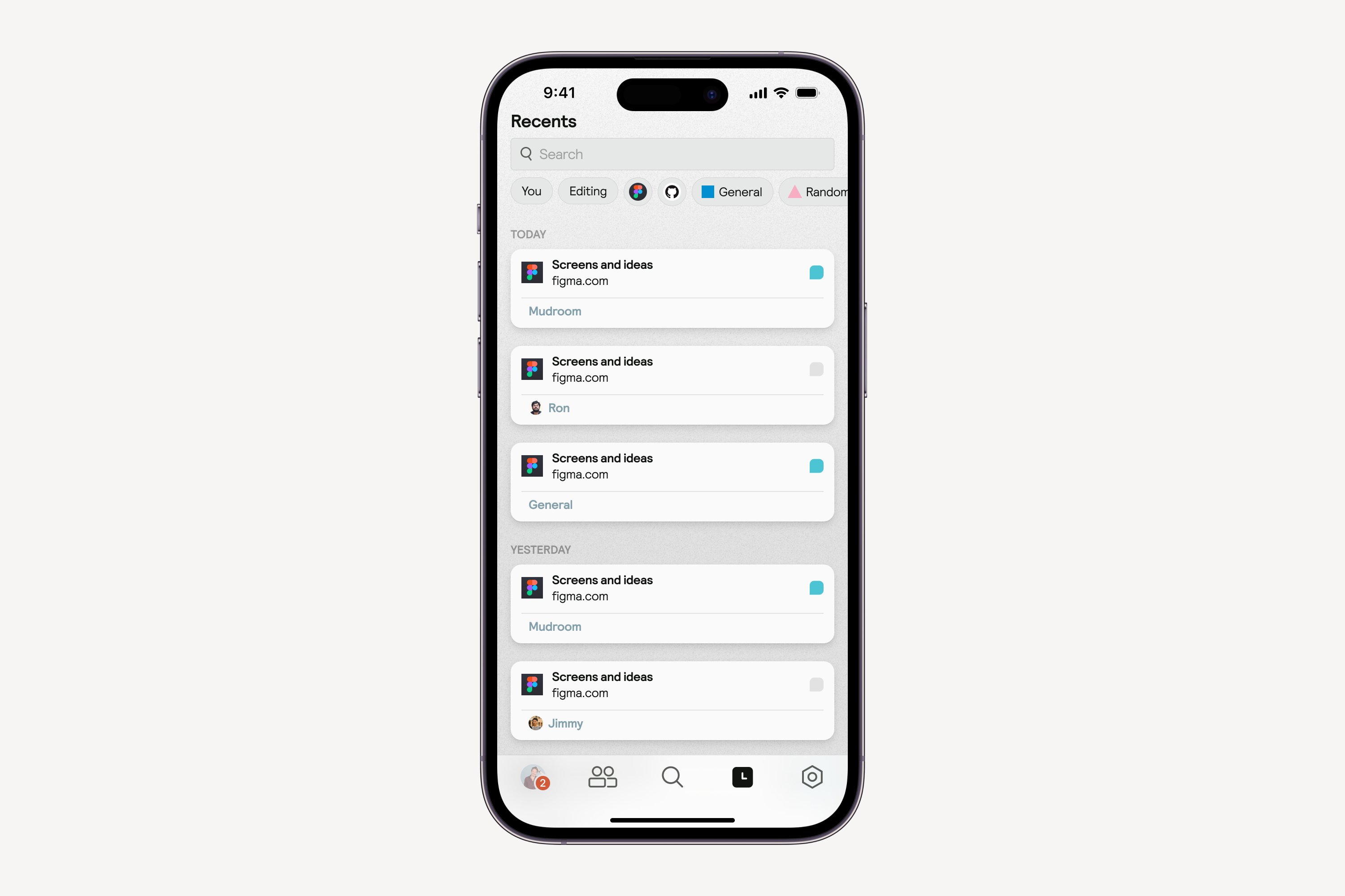 Muddy mobile recents feed of shared Figma links grouped by day