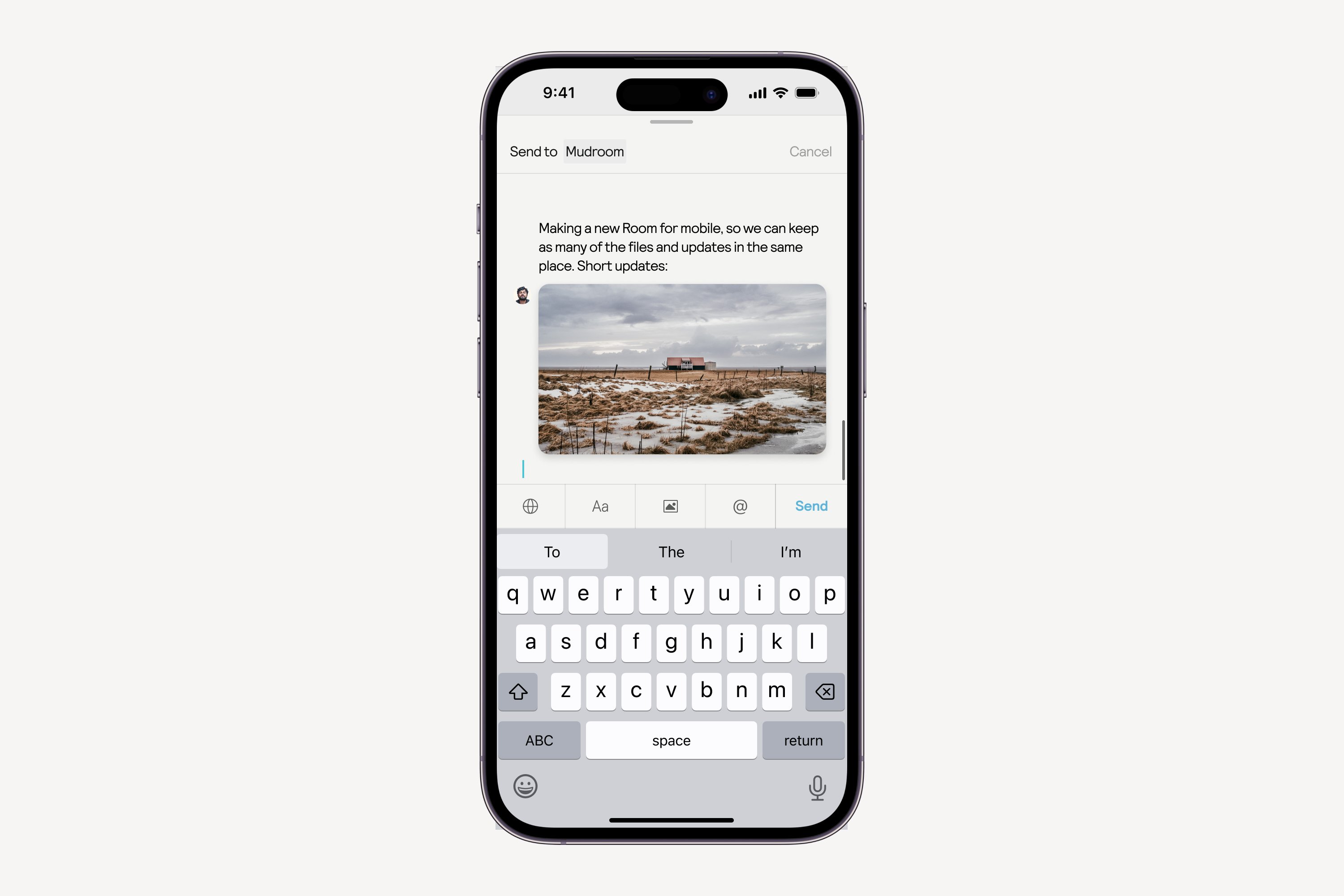 Muddy mobile compose screen sharing a landscape photo into a room