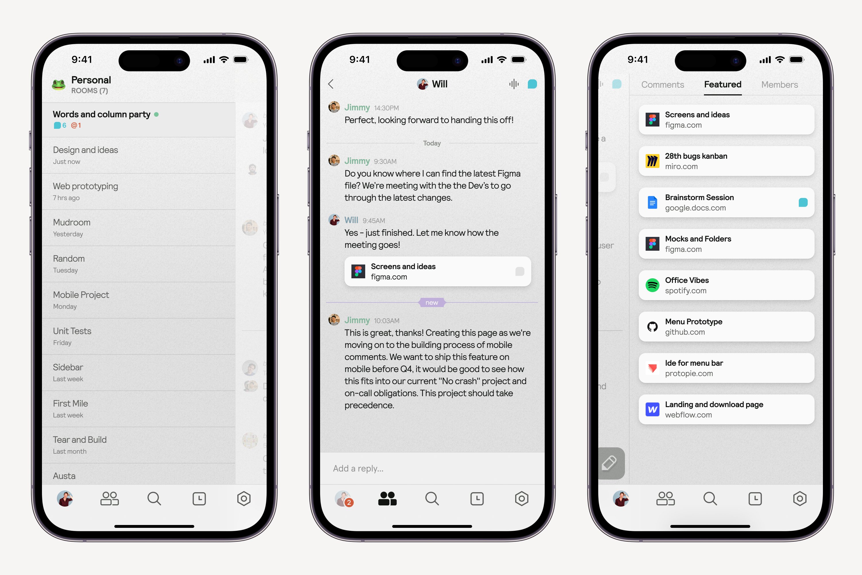 Three Muddy mobile screens showing rooms, a thread, and featured links
