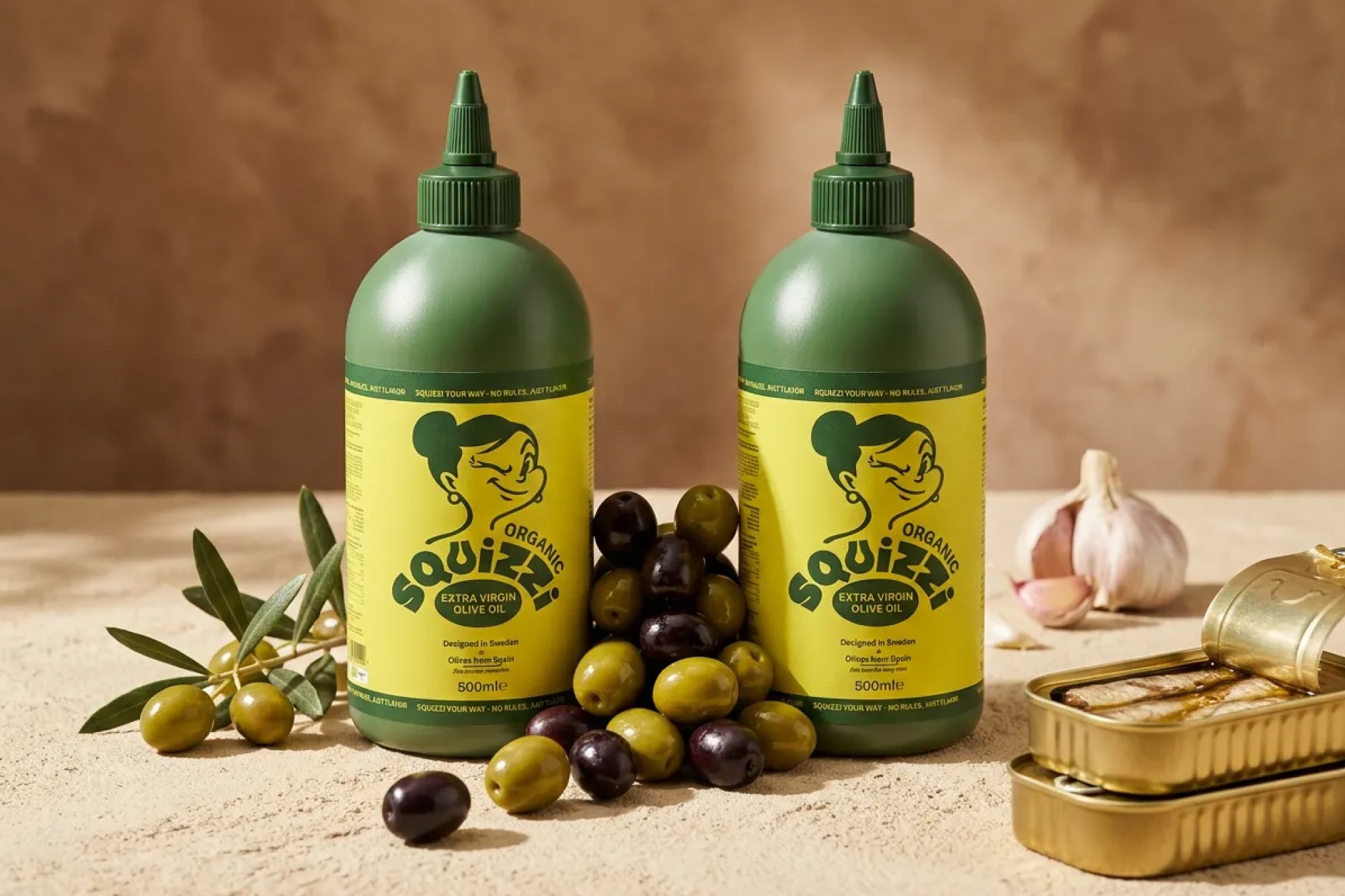 Two green Squizzi olive oil bottles with olives, garlic and tinned fish
