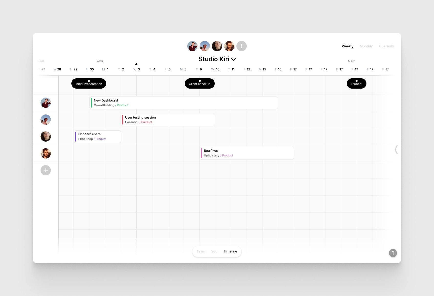 Roadmap weekly timeline view with team tasks and milestones