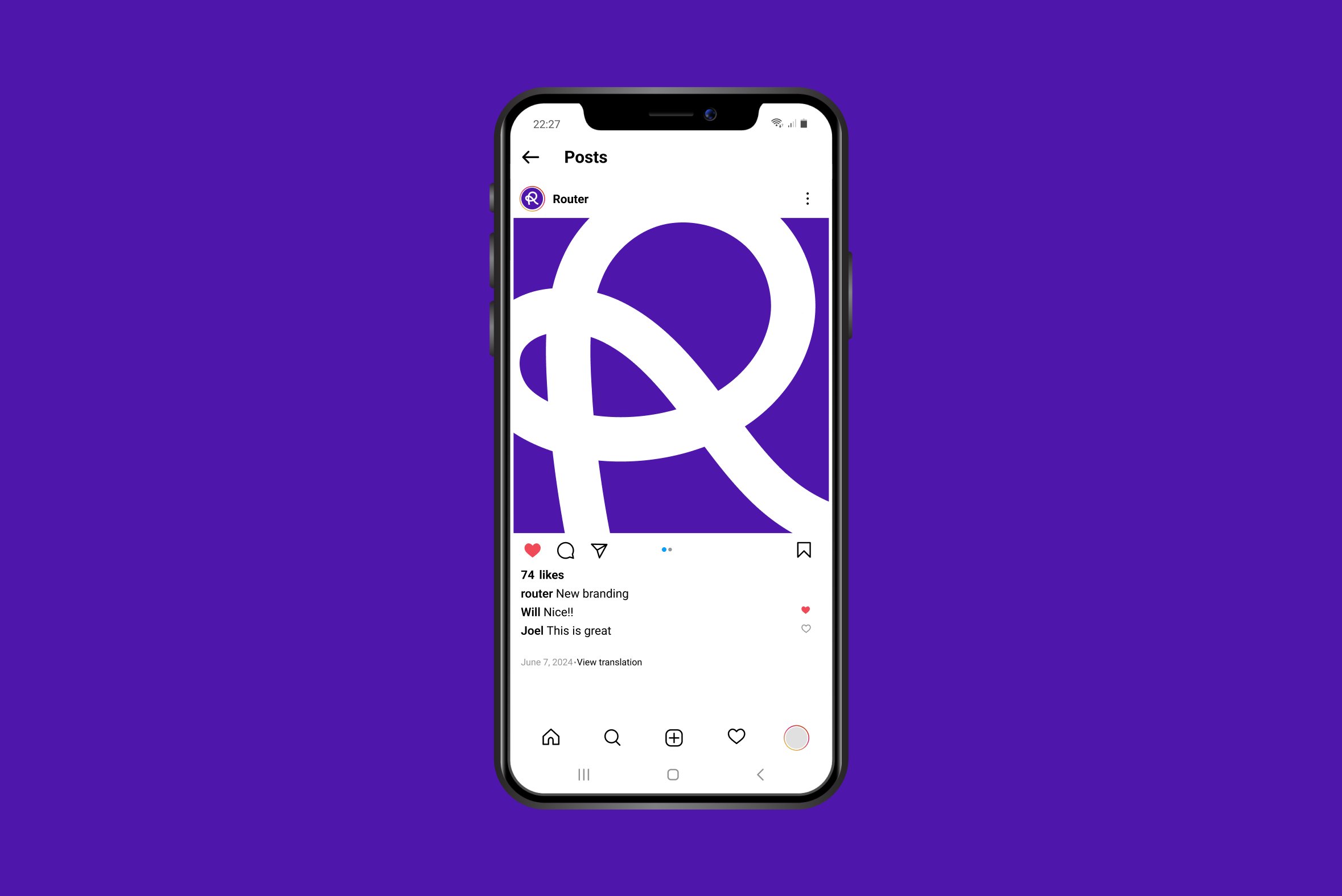 Router Instagram post showing the white R logo on a phone