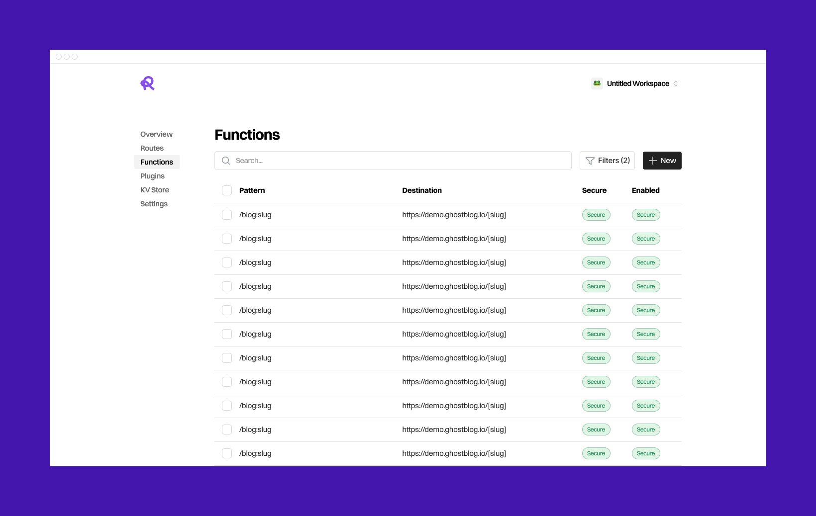 Router dashboard Functions page listing route patterns and destinations