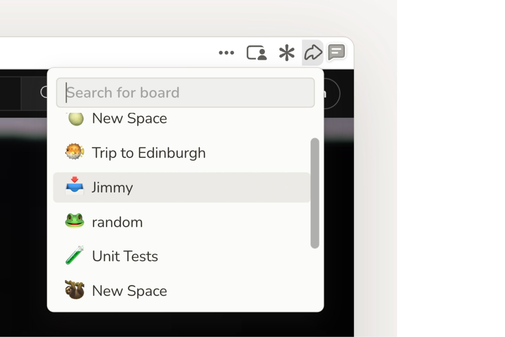 Sail board picker dropdown listing spaces with emoji labels