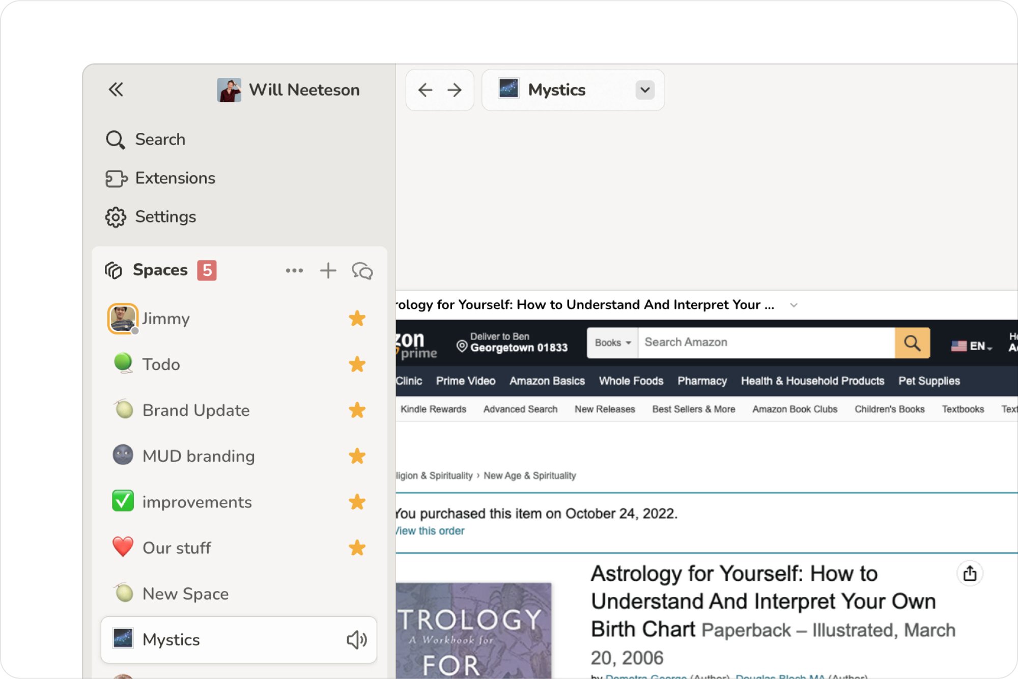 Sail sidebar of starred spaces beside an open Amazon book page