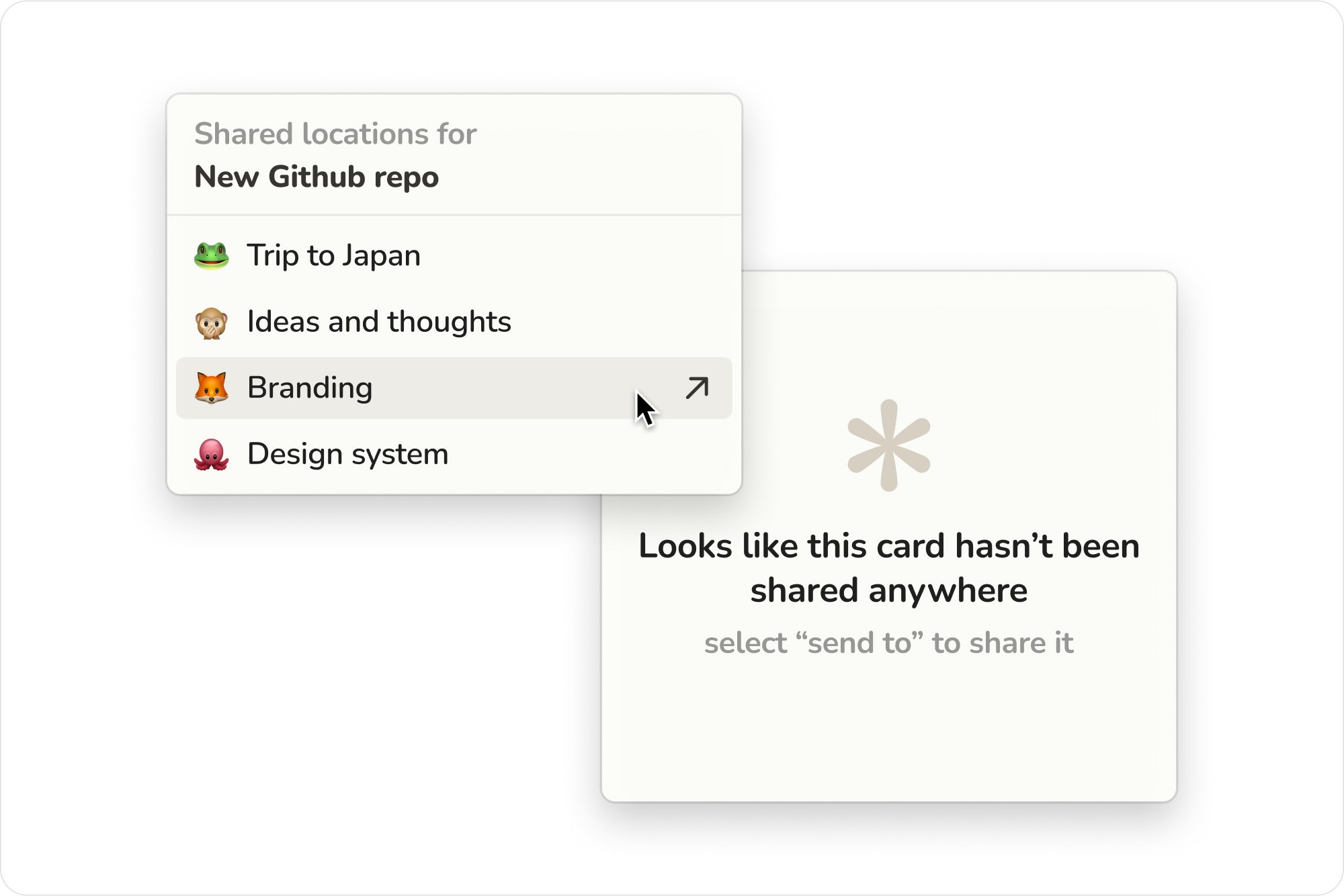Sail send-to menu listing shared locations for a card next to an empty share state